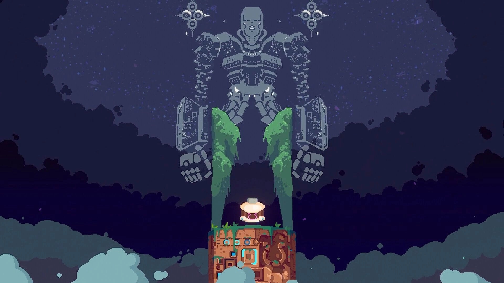LUCID: Player meditates on a floating platform beneath a colossal stone figure in a starry night sky.
