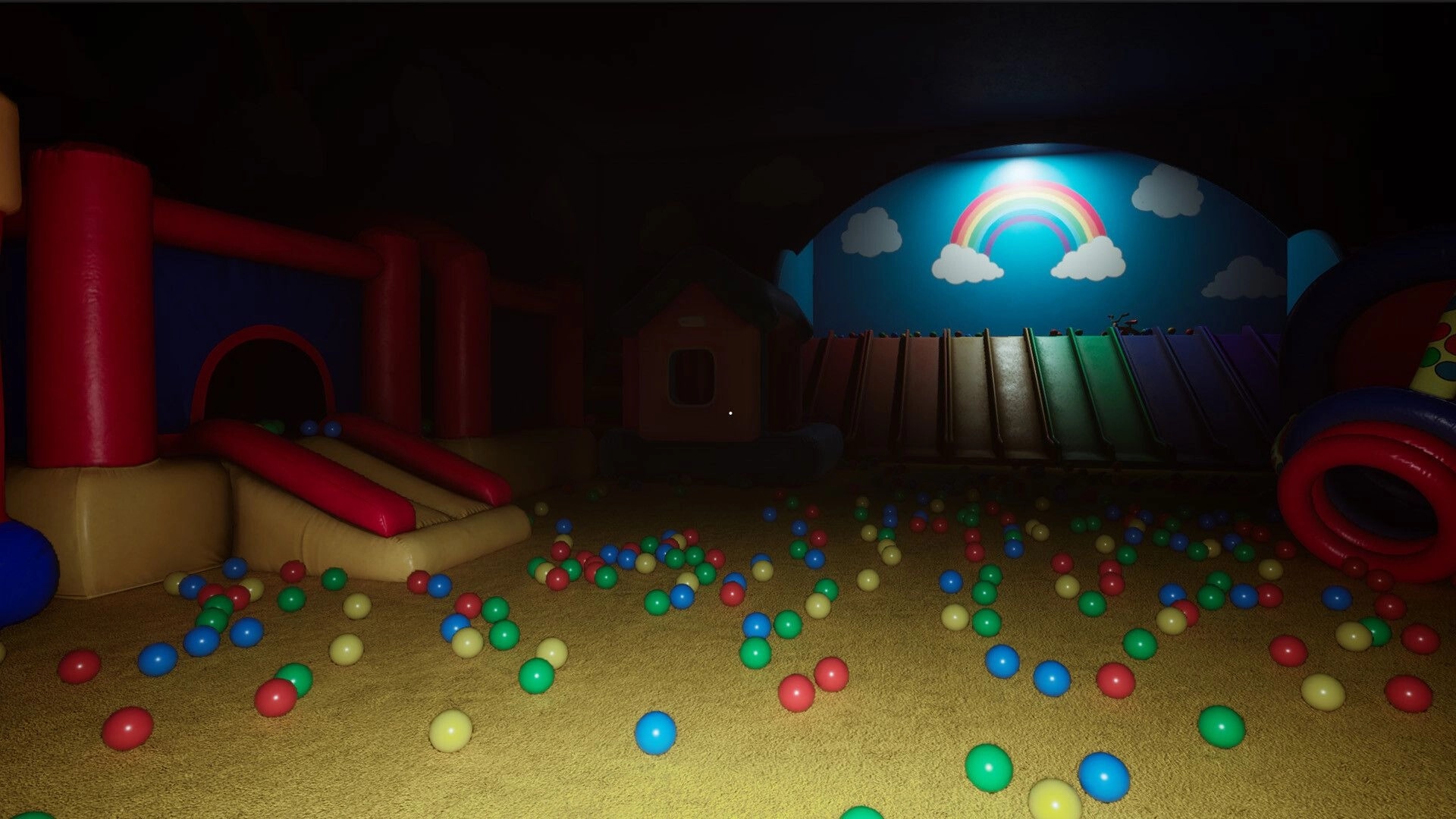 LUCID: First-person view of a dim indoor playground with ball pit, slide, and rainbow mural wall.