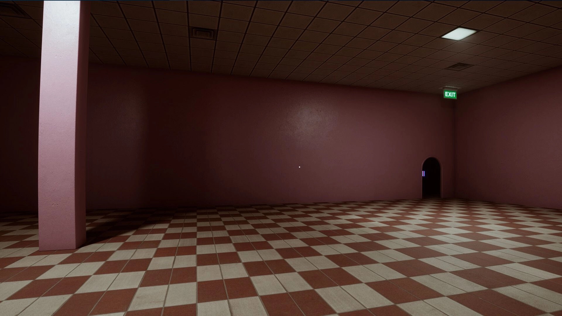 LUCID: First-person view of pink hallway with checkered floor, EXIT sign, and dark doorway ahead.