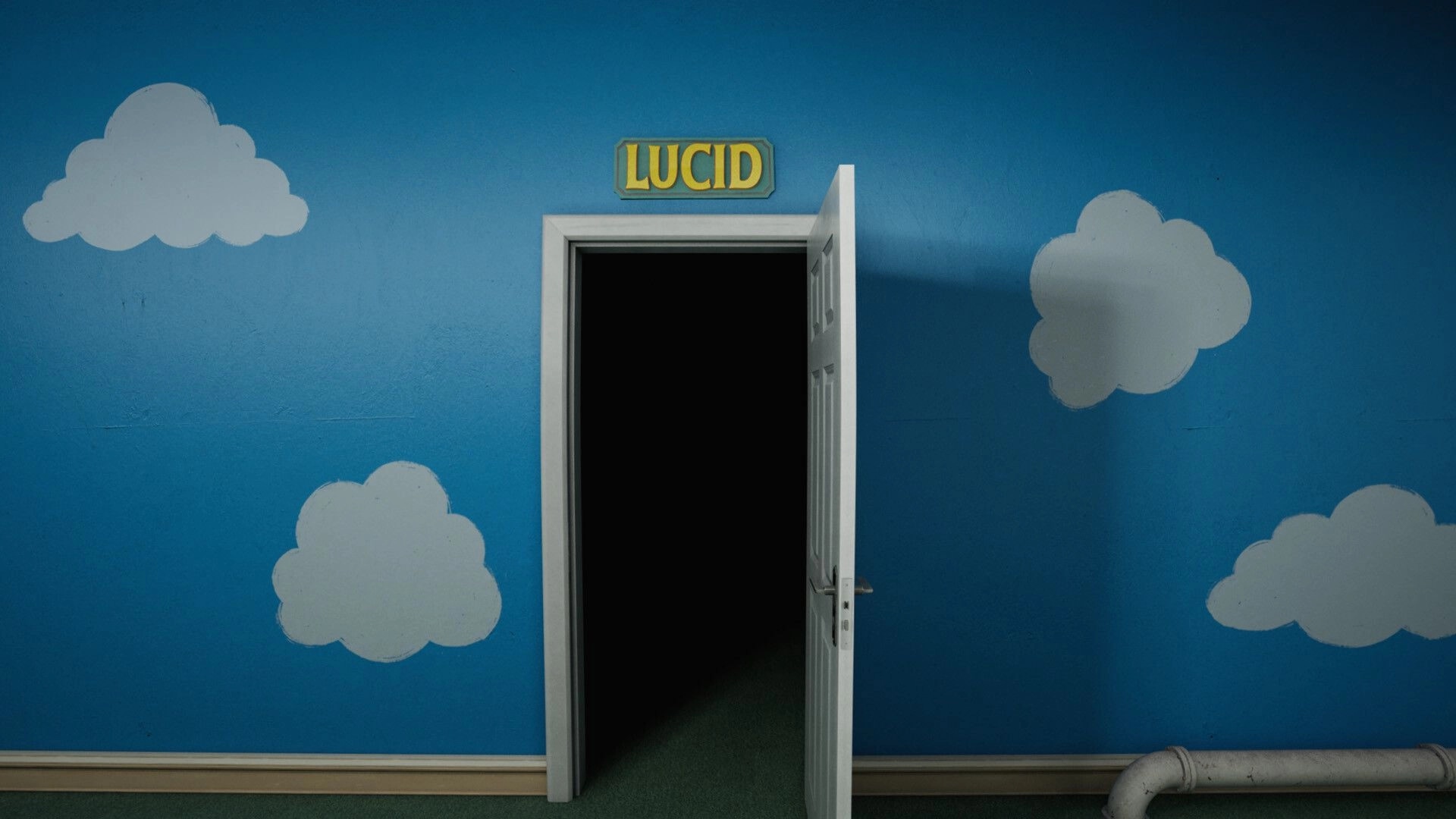 LUCID: Open white door leads into pitch-black room on blue wall painted with white clouds.