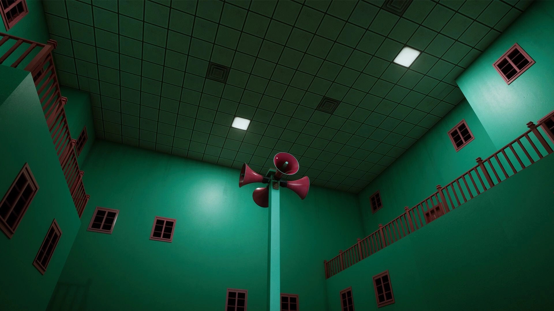 LUCID: Looking up at red loudspeakers in a teal atrium with balconies, windows, and grid ceiling lights.