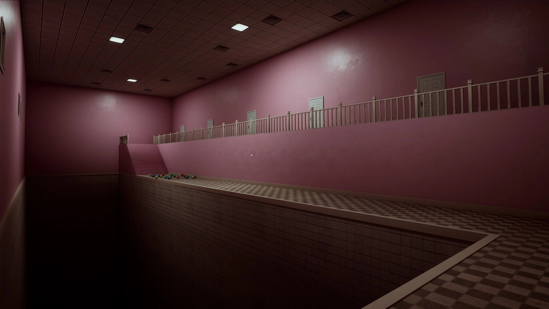 LUCID: Crosshair aimed at pink stairwell and railing with doors above an empty tiled pool room.