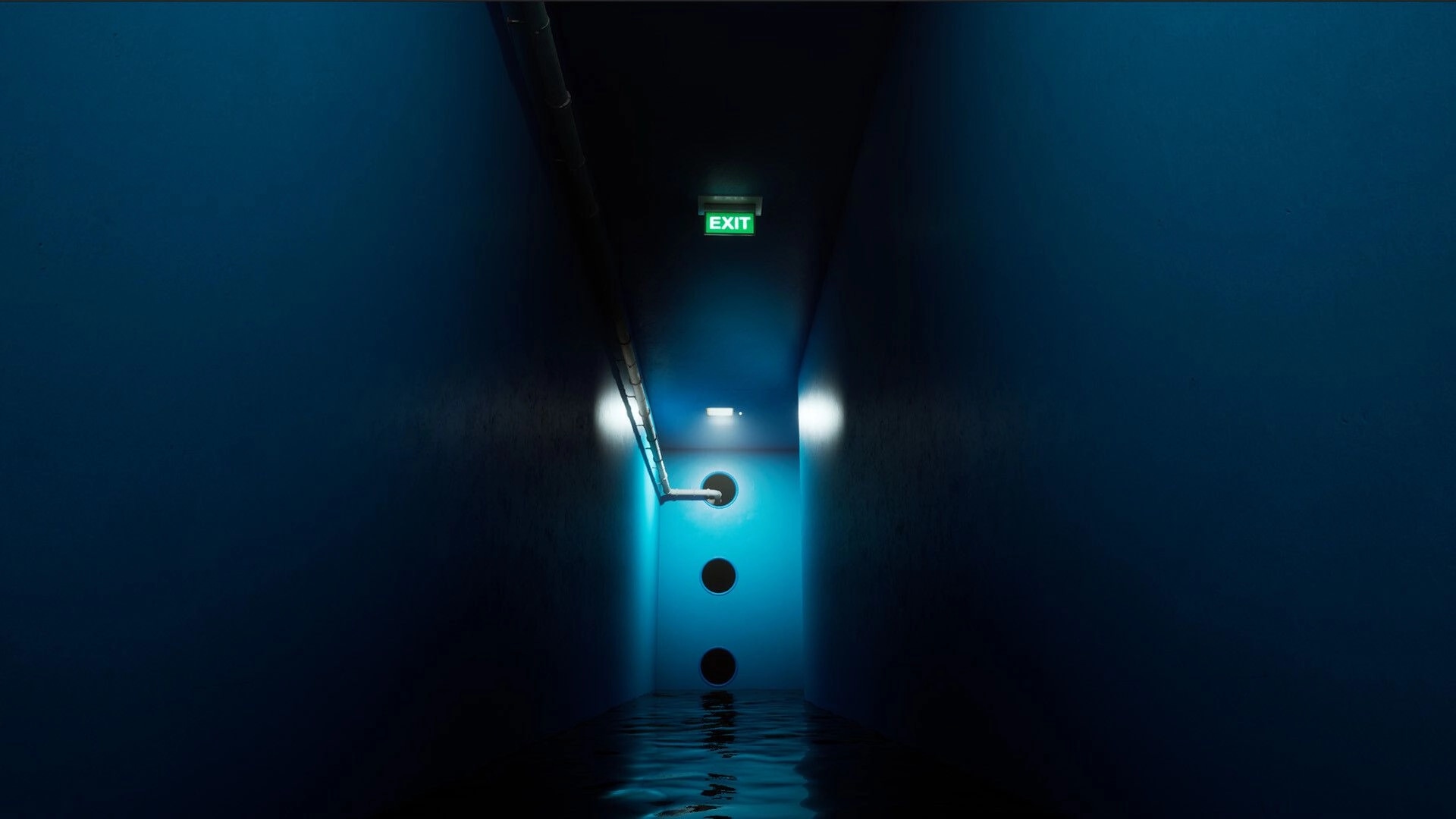 LUCID: Wading through a flooded narrow hallway toward a blue door with portholes and EXIT sign.