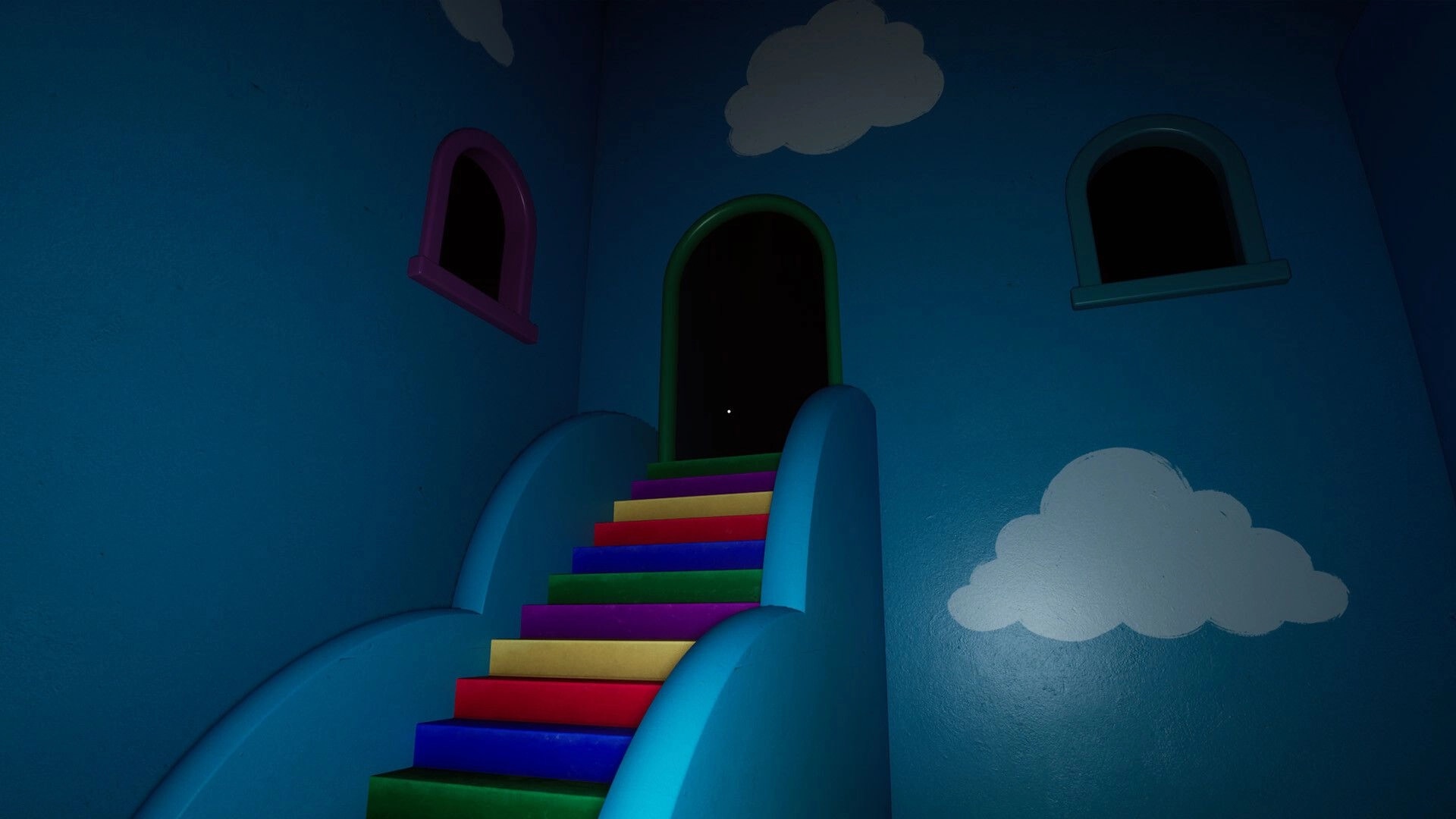LUCID: First-person view up rainbow stairs to a dark doorway in a blue room with cloud murals.