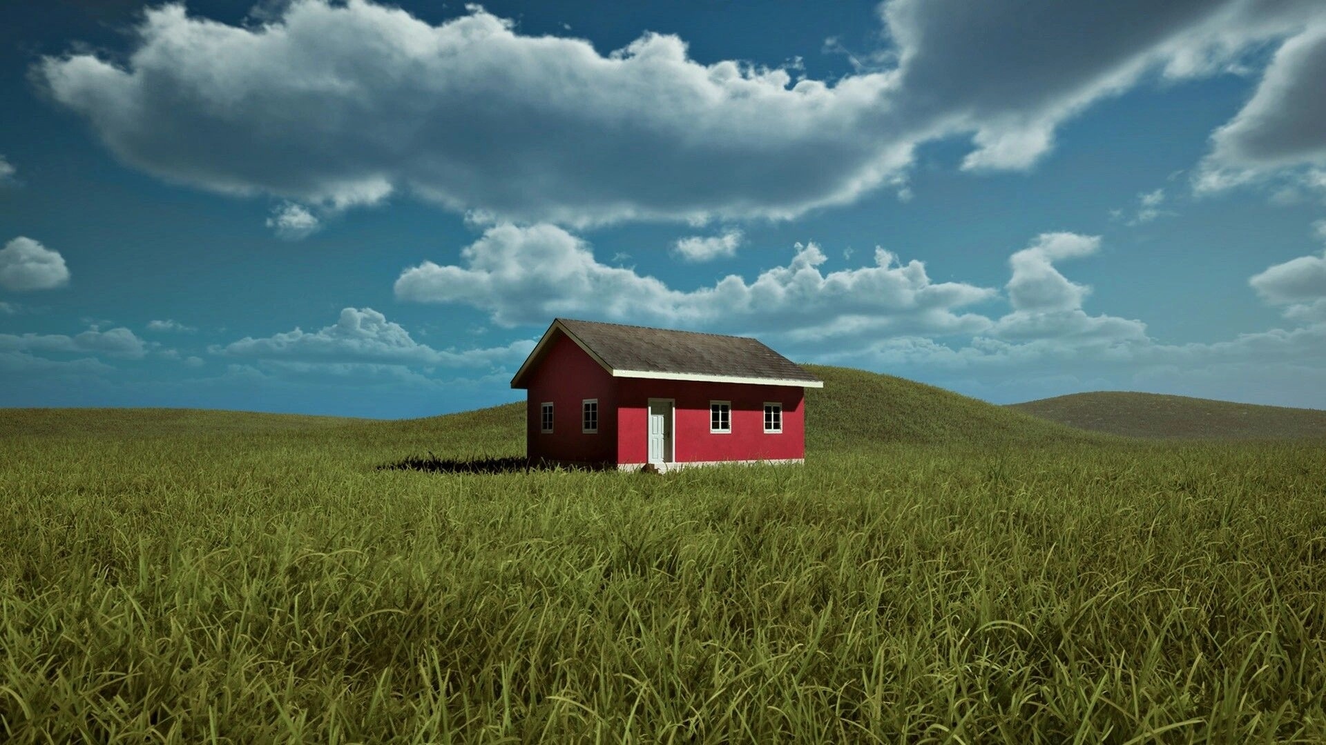 LUCID: Lone red house with white door in tall grass field under wide sky and thick clouds.