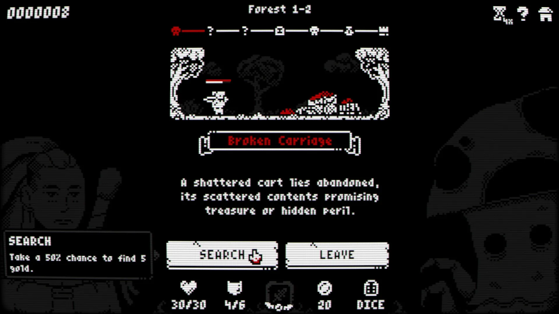 Luck & Loot: Player encounters a broken carriage in forest with search and leave options displayed