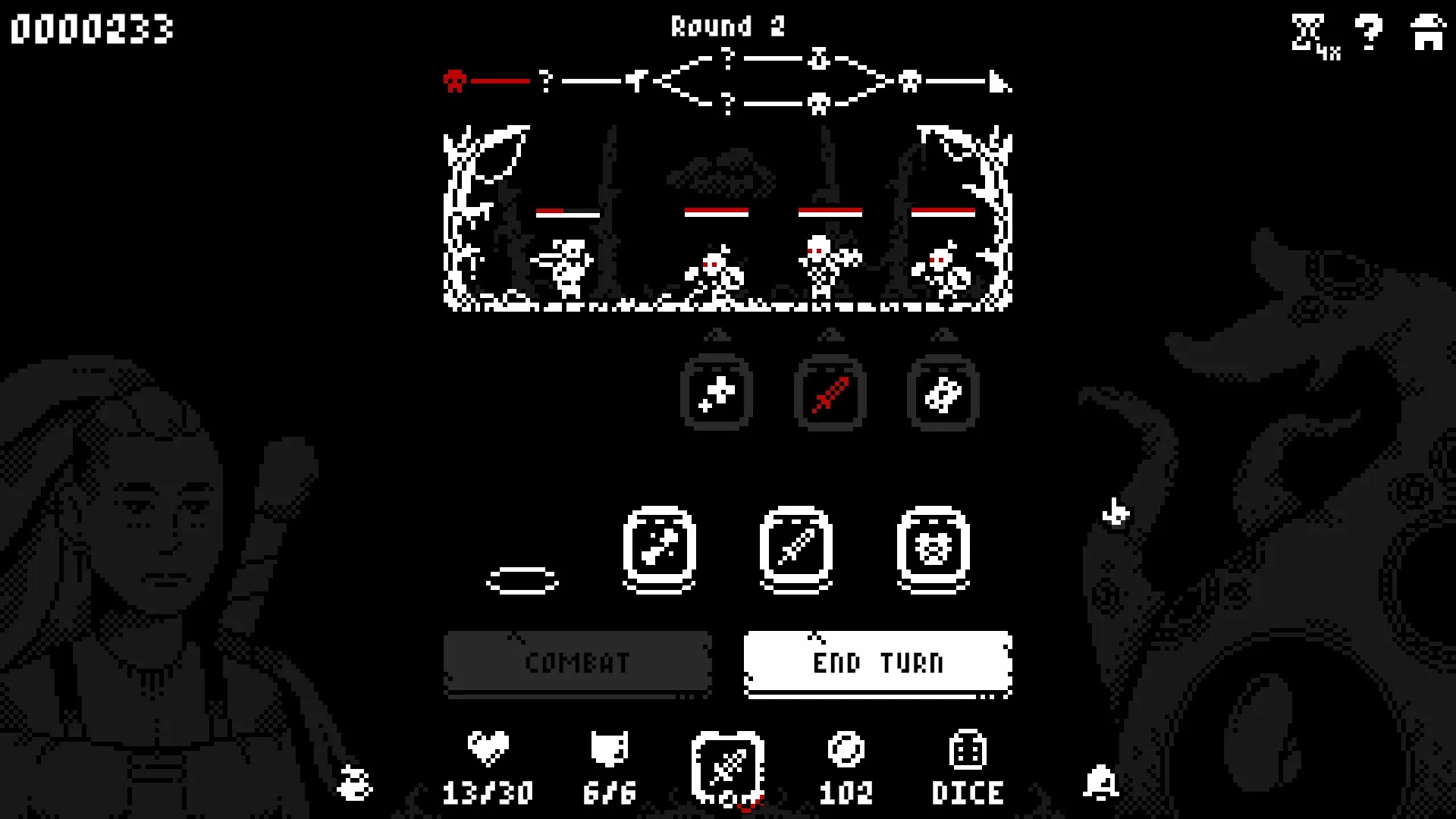 Luck & Loot: Round 2 combat with three enemies, action buttons and character stats in dark dungeon.