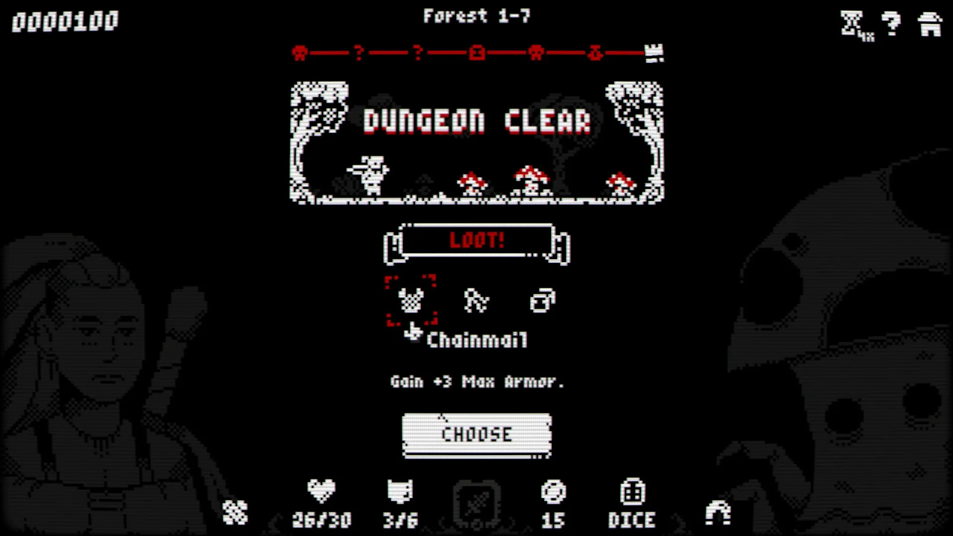 Luck & Loot: Dungeon clear screen with loot options in a pixelated forest environment