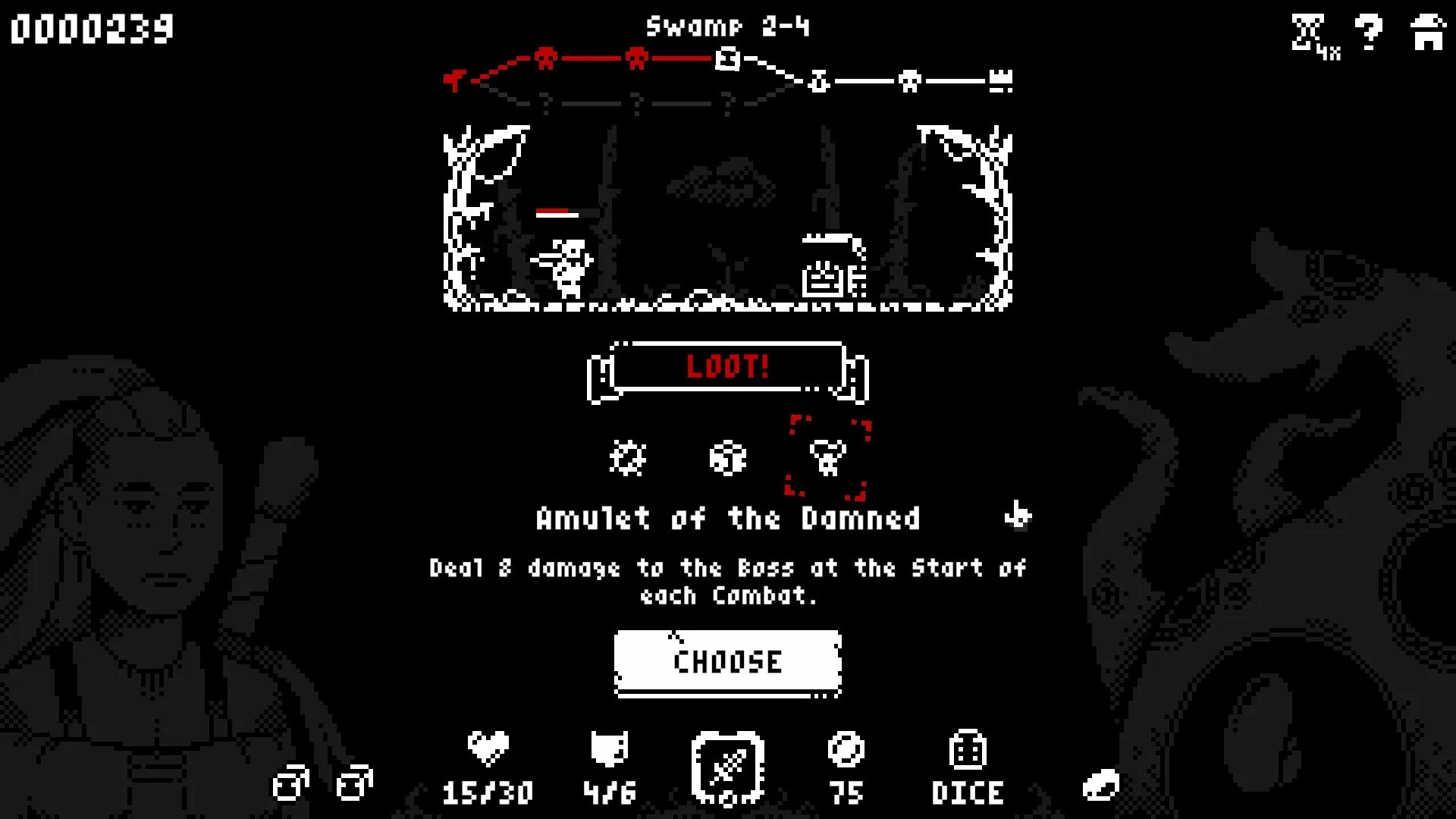 Luck & Loot: Player collects Amulet of the Damned loot in dark swamp dungeon environment