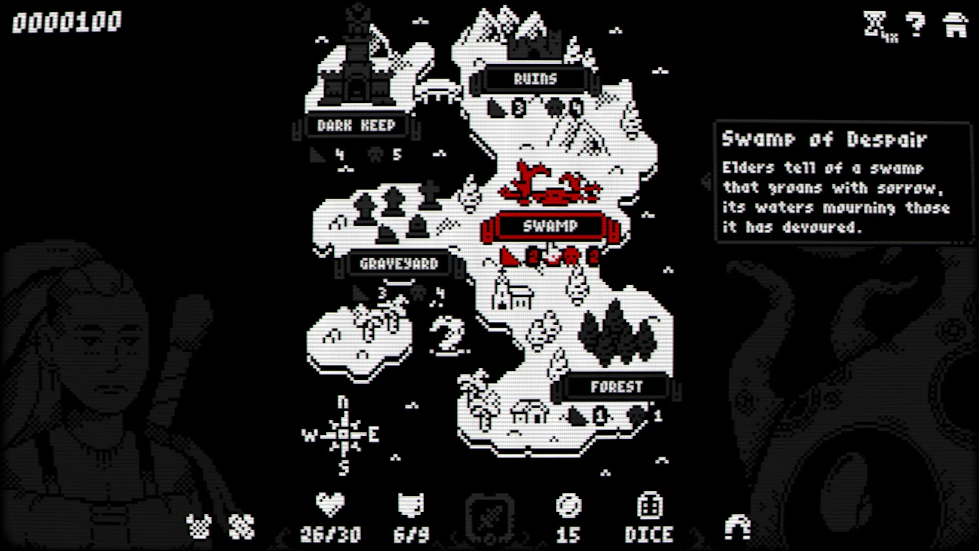 Luck & Loot: Map screen showing Swamp area with stats, character portrait, and compass in dark setting.