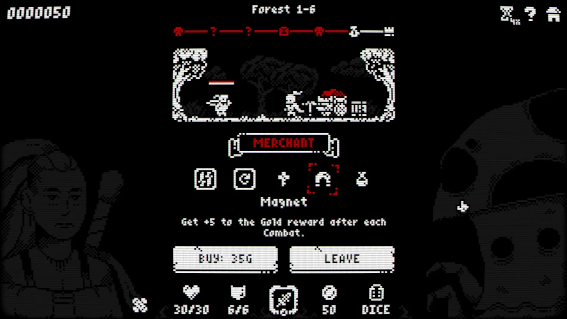 Luck & Loot: Merchant encounter with item selection in a dark forest setting, showing UI elements.