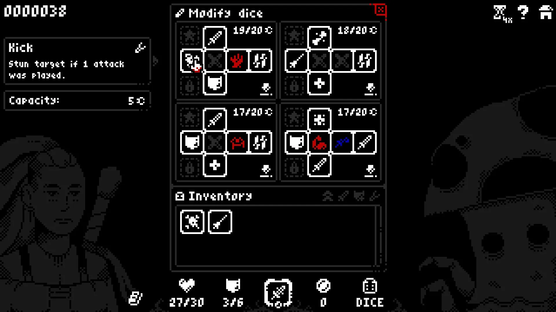 Luck & Loot: Dice modification screen with inventory items and character stats in dark fantasy style.