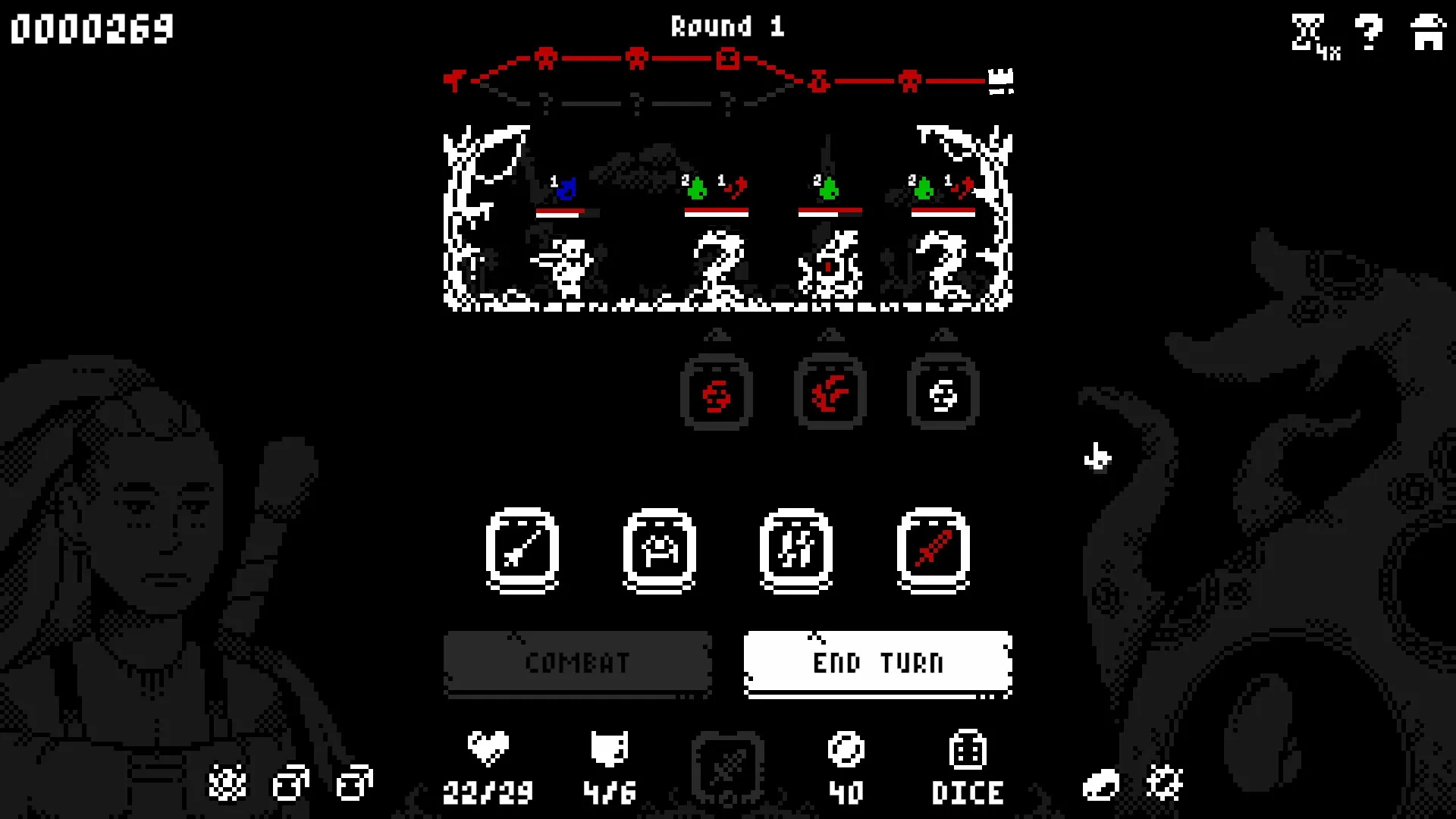 Luck & Loot: Combat interface with character stats and action buttons in a dark dungeon setting.
