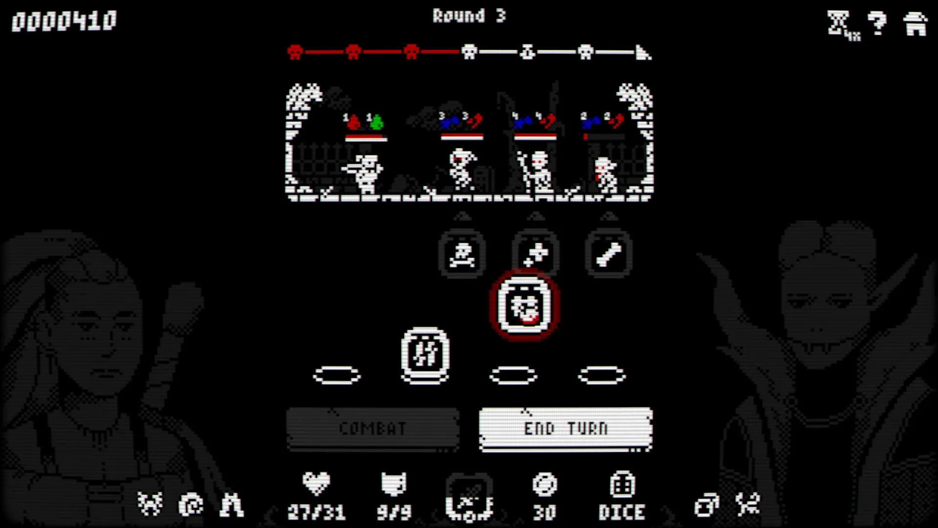 Luck & Loot: Battle interface with enemy lineup, dice selection, and player health in dark dungeon setting.