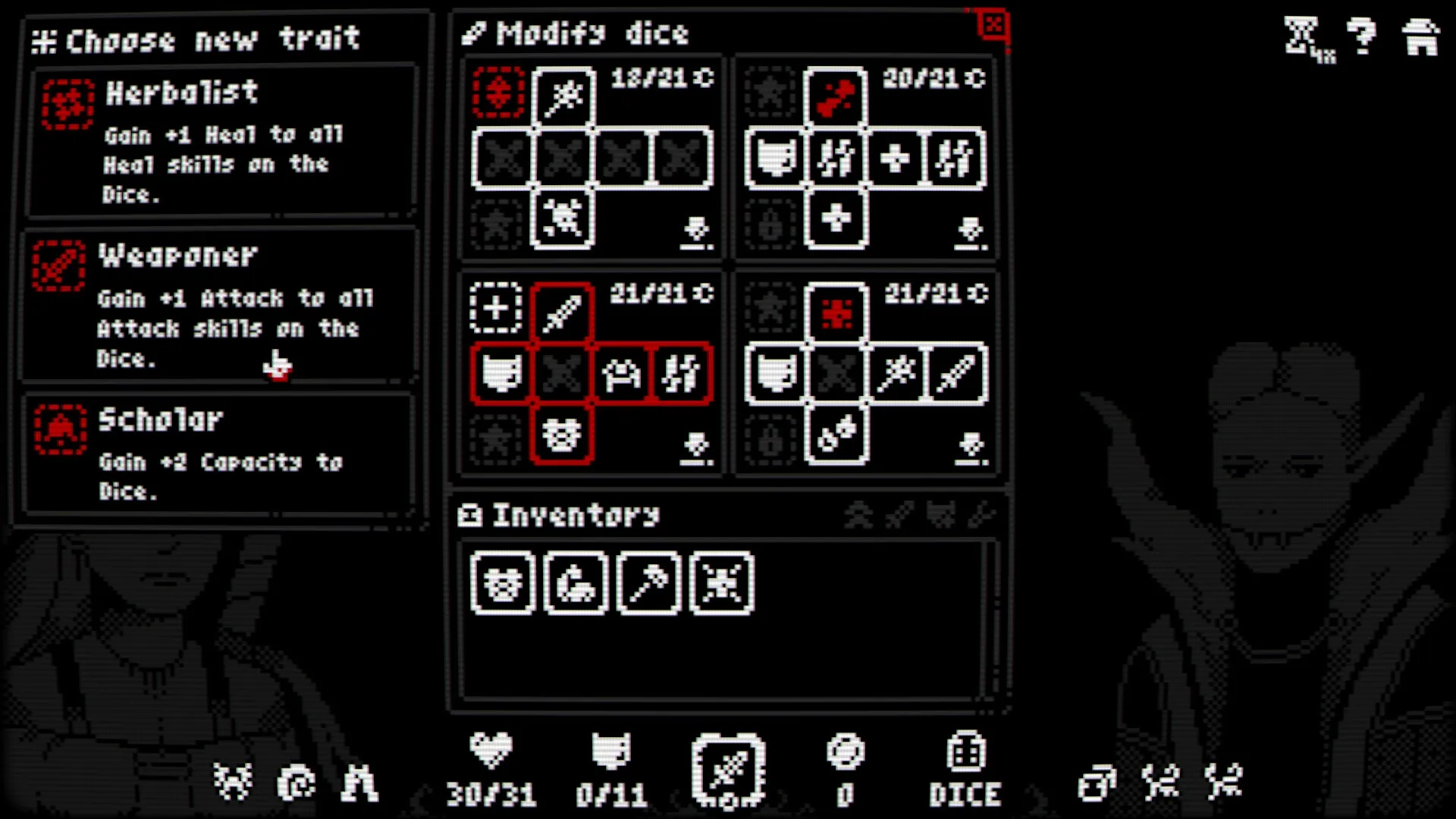 Luck & Loot: Trait selection and dice customization screen in a dark fantasy dungeon setting