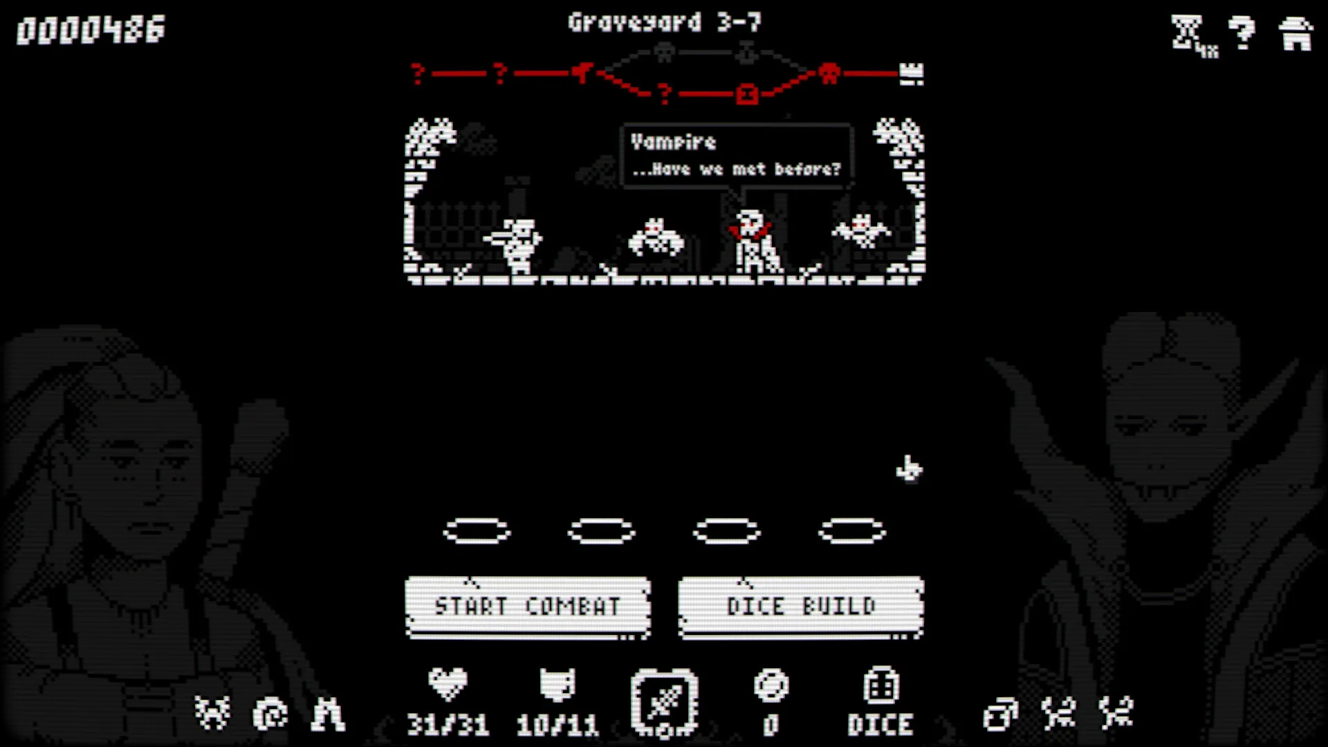 Luck & Loot: Vampire dialogue and combat options in Graveyard 3-7 dungeon setting.