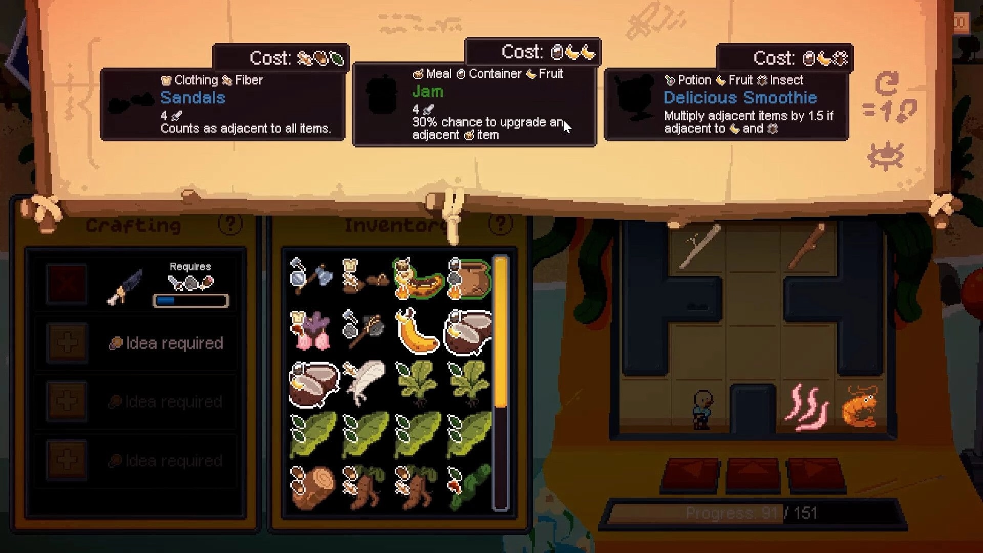 Lucky Castaway: Crafting and inventory UI with item tooltips over a dungeon board and tiny hero sprite.