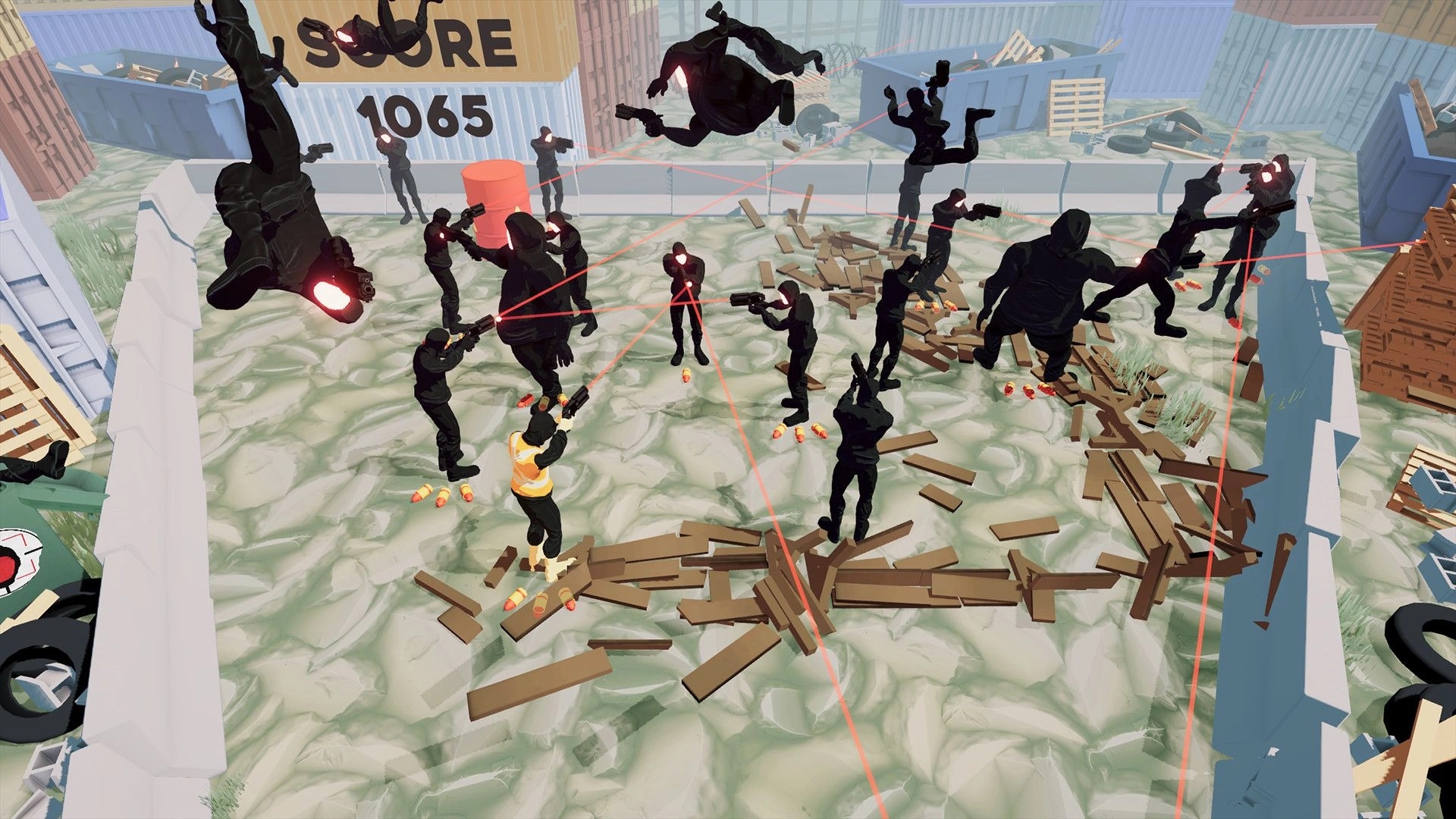 Lucky Me: Player dodges enemy gunfire in a chaotic warehouse environment with score displayed above.