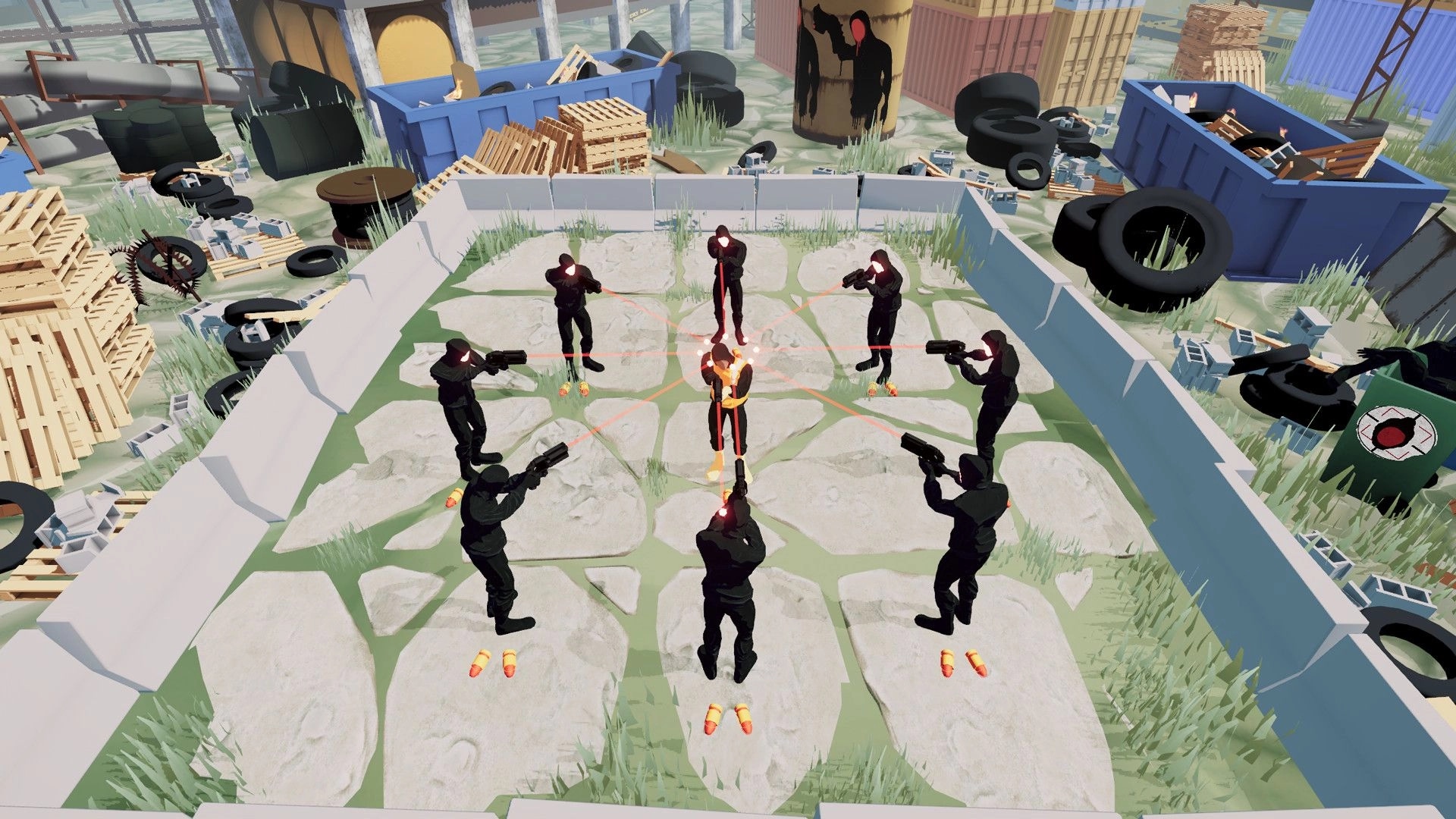 Lucky Me: Surrounded by enemies in an open yard with debris, preparing to outsmart them with strategy