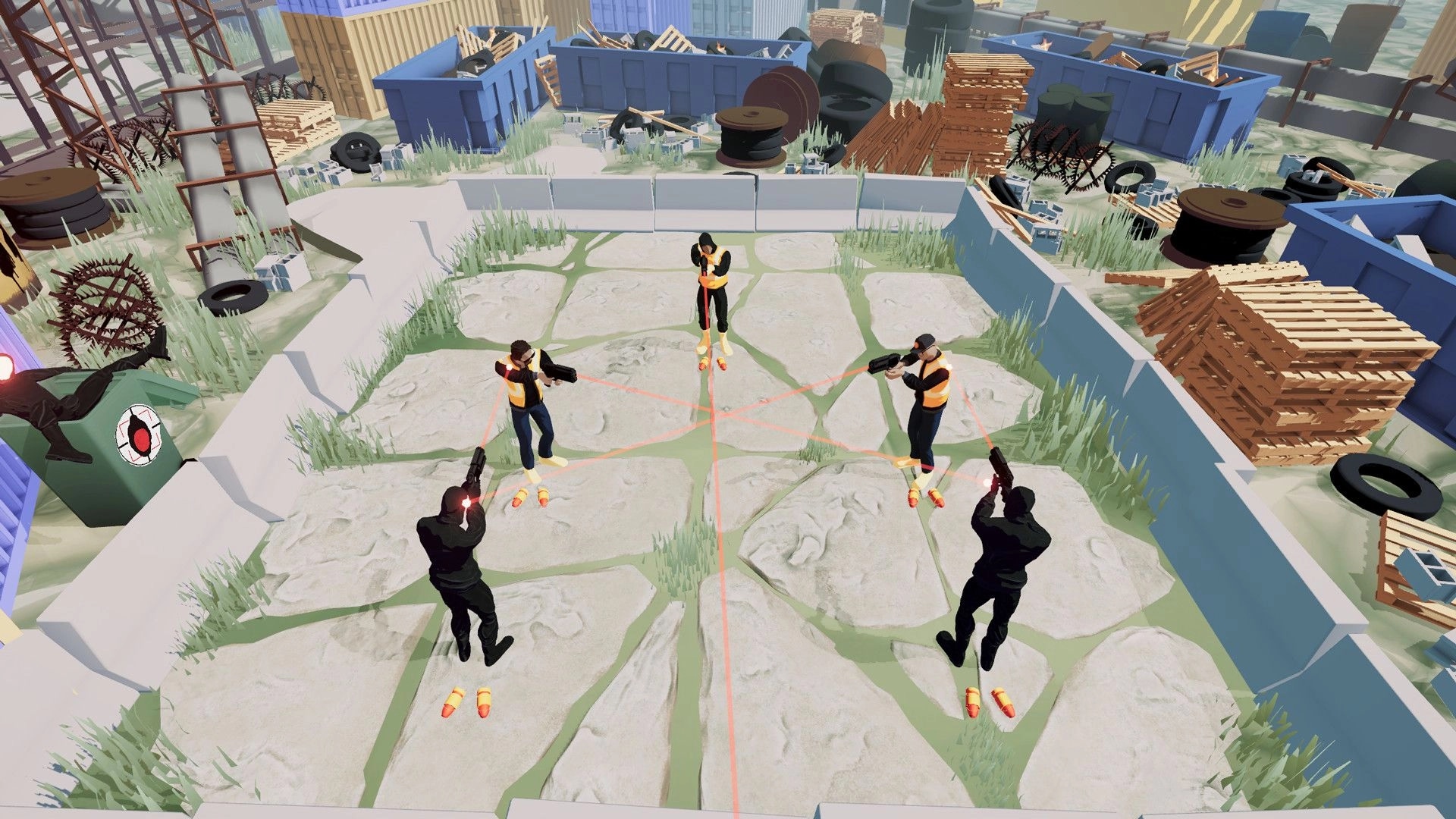 Lucky Me: Four characters aim guns at each other in an industrial yard with scattered debris and crates.