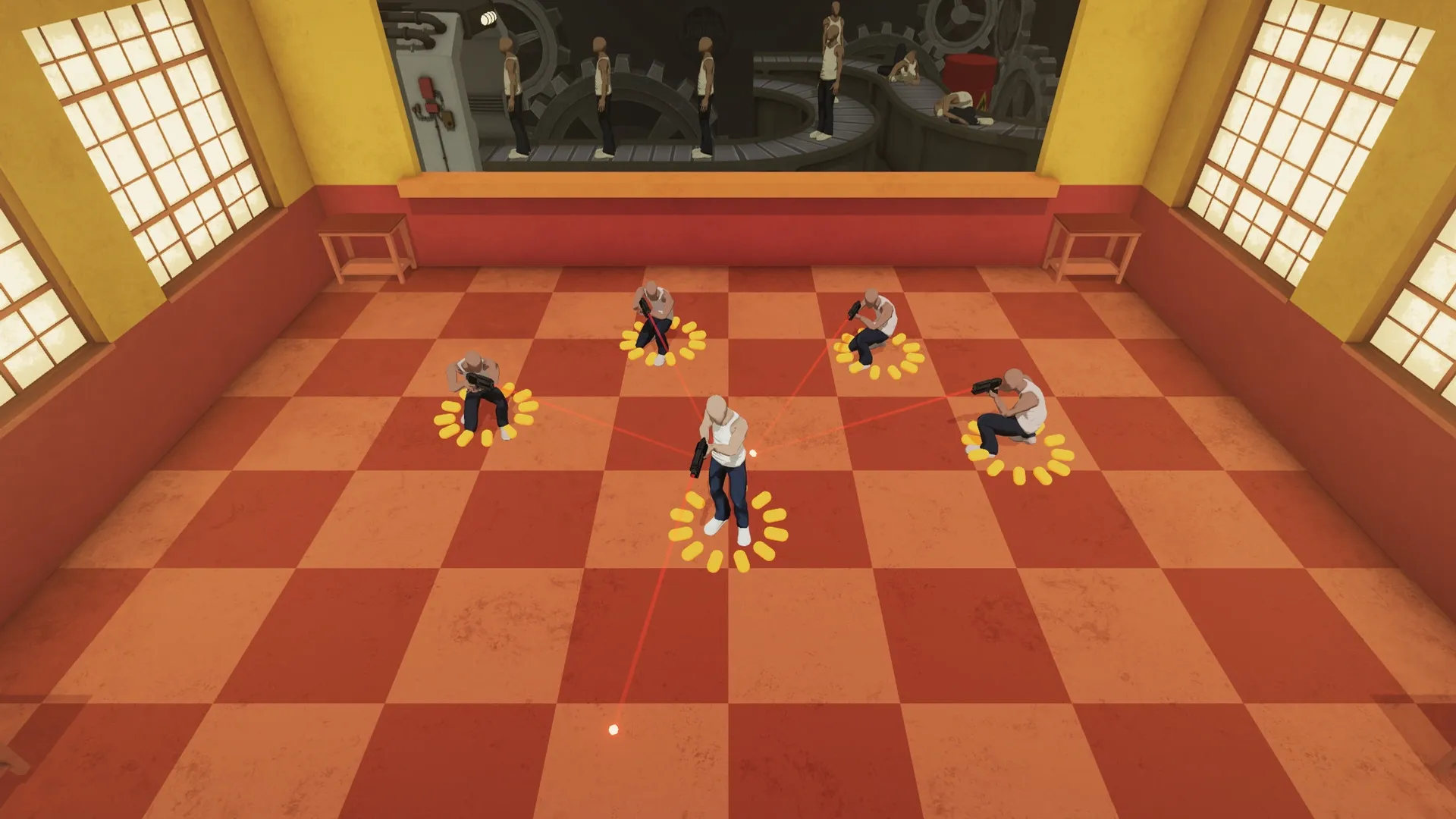 Lucky Me: Character surrounded by armed enemies in a factory setting with conveyor belt in background
