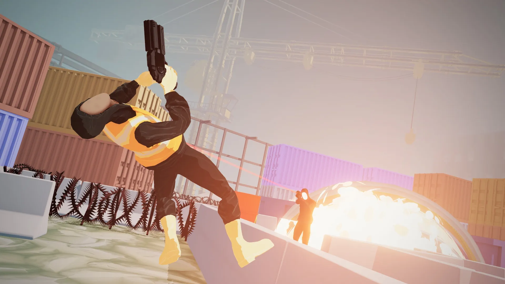 Lucky Me: Character dodges explosion amid shipping containers in an industrial yard environment