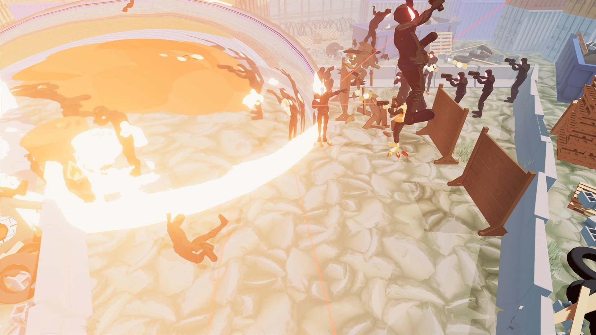Lucky Me: Characters caught in explosive chaos in a cluttered yard, with barriers and debris scattered around.