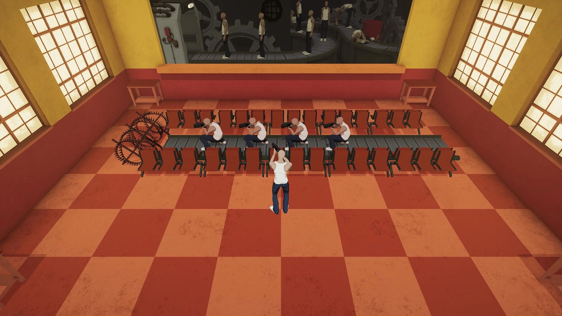 Lucky Me: Player in factory room lines up shot with enemies mimicking actions on assembly line