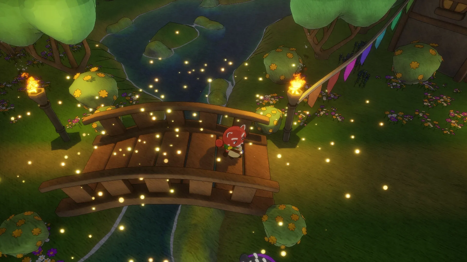 Luffi: Crossing a wooden bridge adorned with fireflies in a vibrant, flower-filled forest setting.