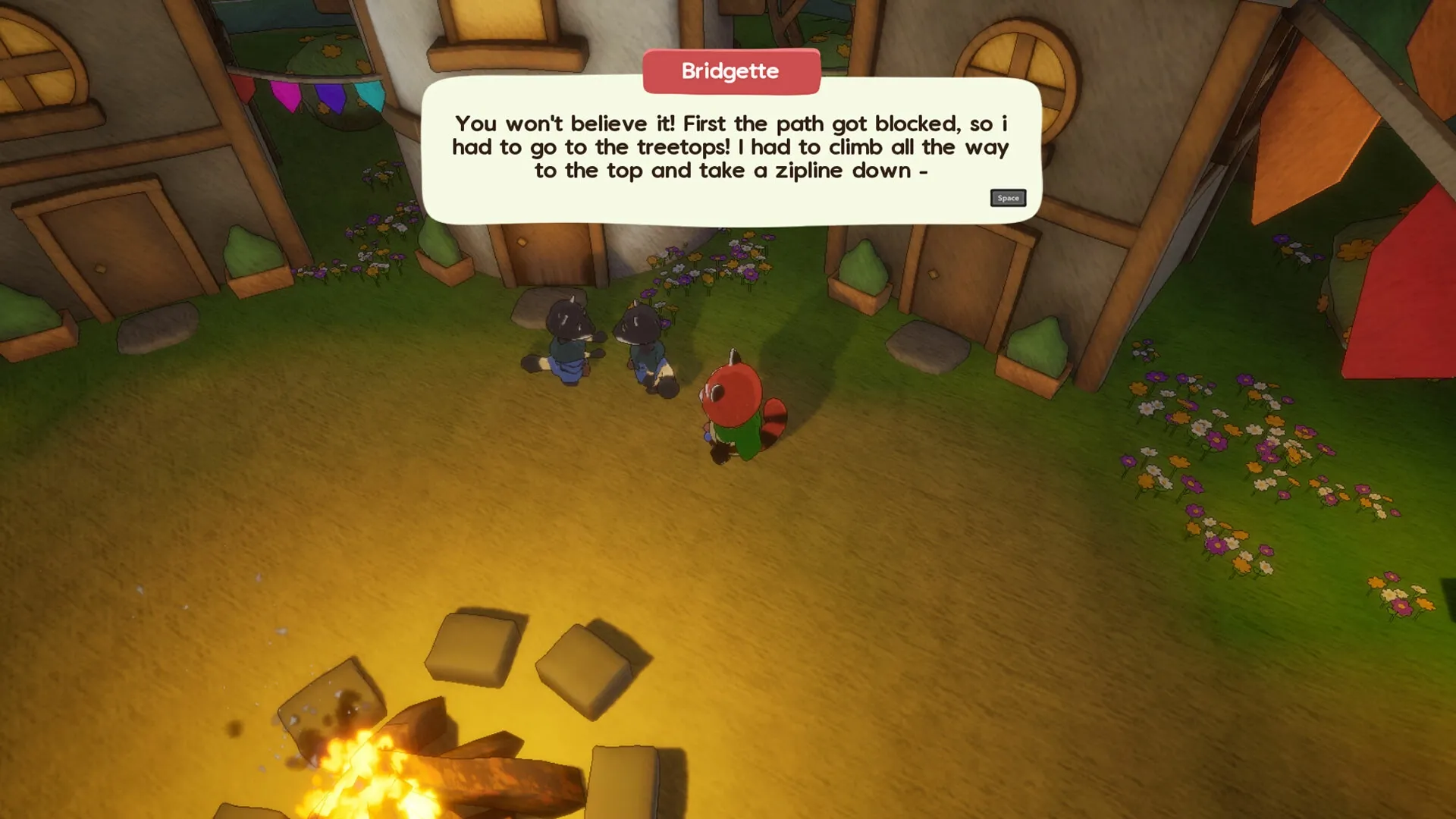 Luffi: Bridgette chats with friends by village houses near a campfire, text dialogue displayed above.