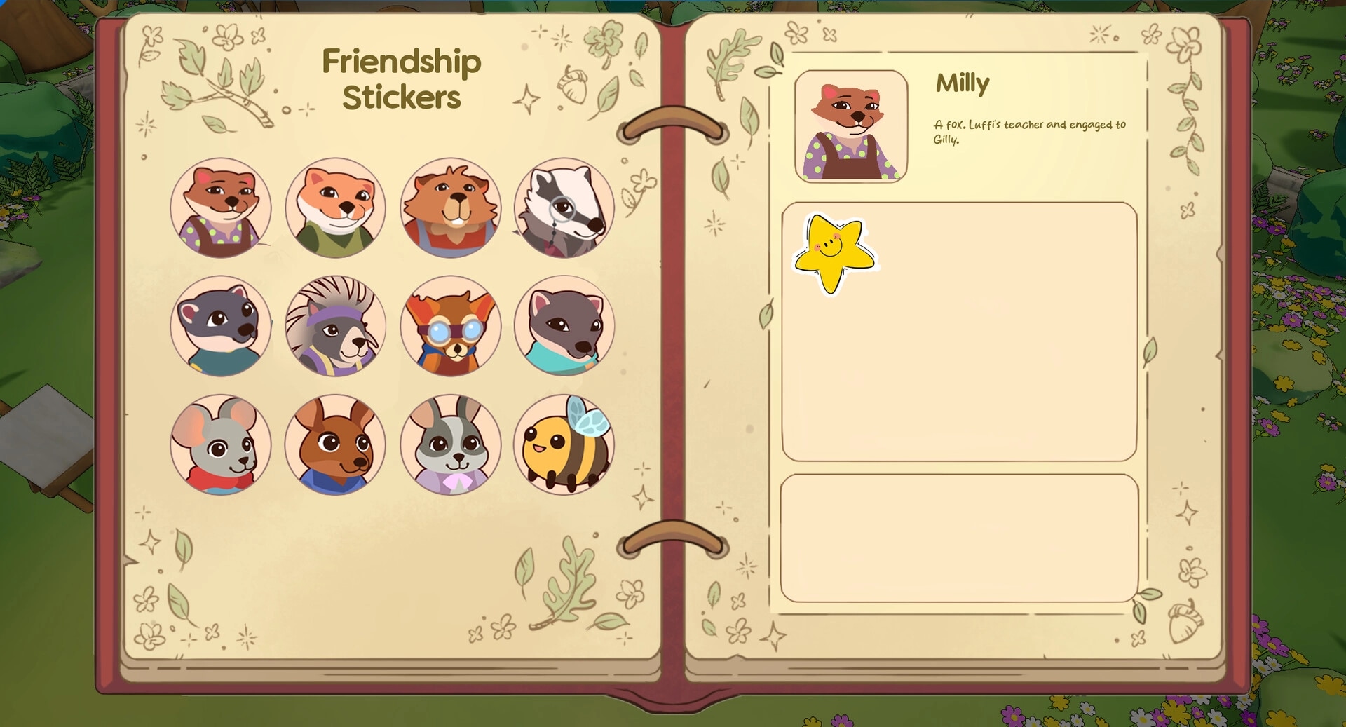 Luffi: Friendship Stickers book showing Milly's profile and a star sticker in a forest setting.
