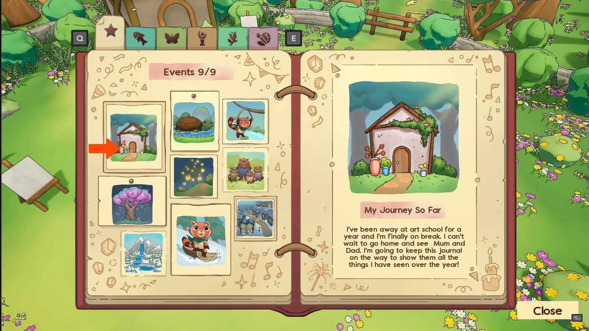 Luffi: Journal interface with event illustrations, surrounded by a lush garden setting with trees.