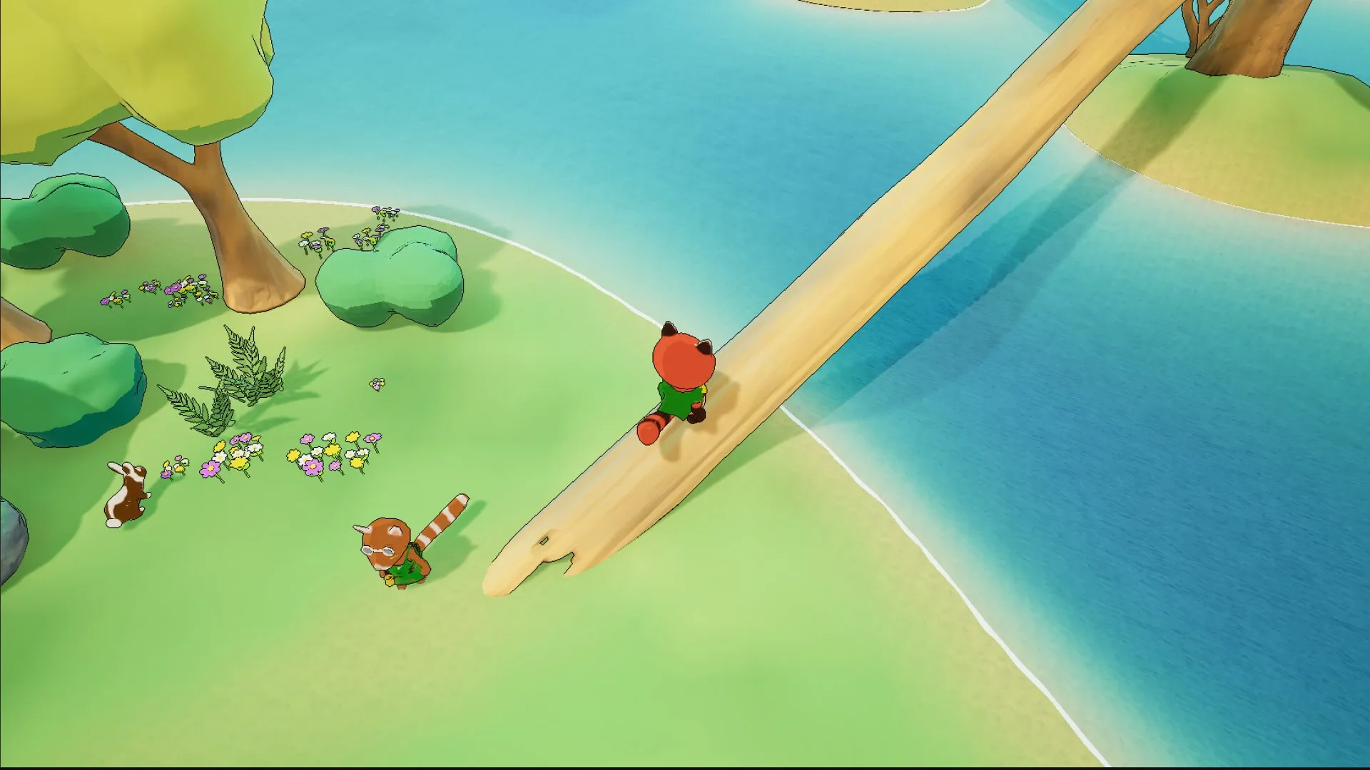 Luffi: Crossing a large wooden log over water, surrounded by trees and colorful flowers on the shore.