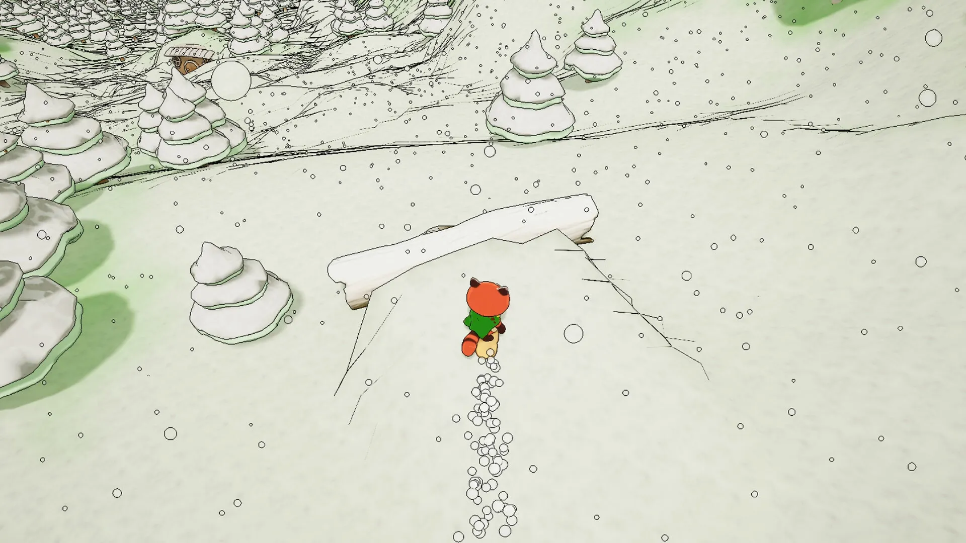 Luffi: Walking through snowy forest with snow-covered trees and a small cabin visible in the distance.