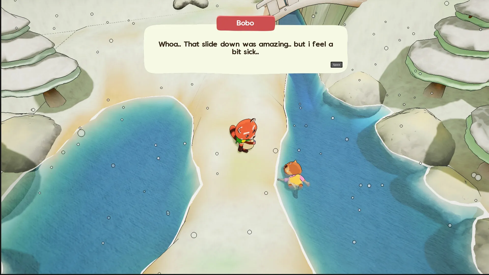 Luffi: Bobo and friend chat by a snowy riverbank, surrounded by snowflakes and rocky terrain.