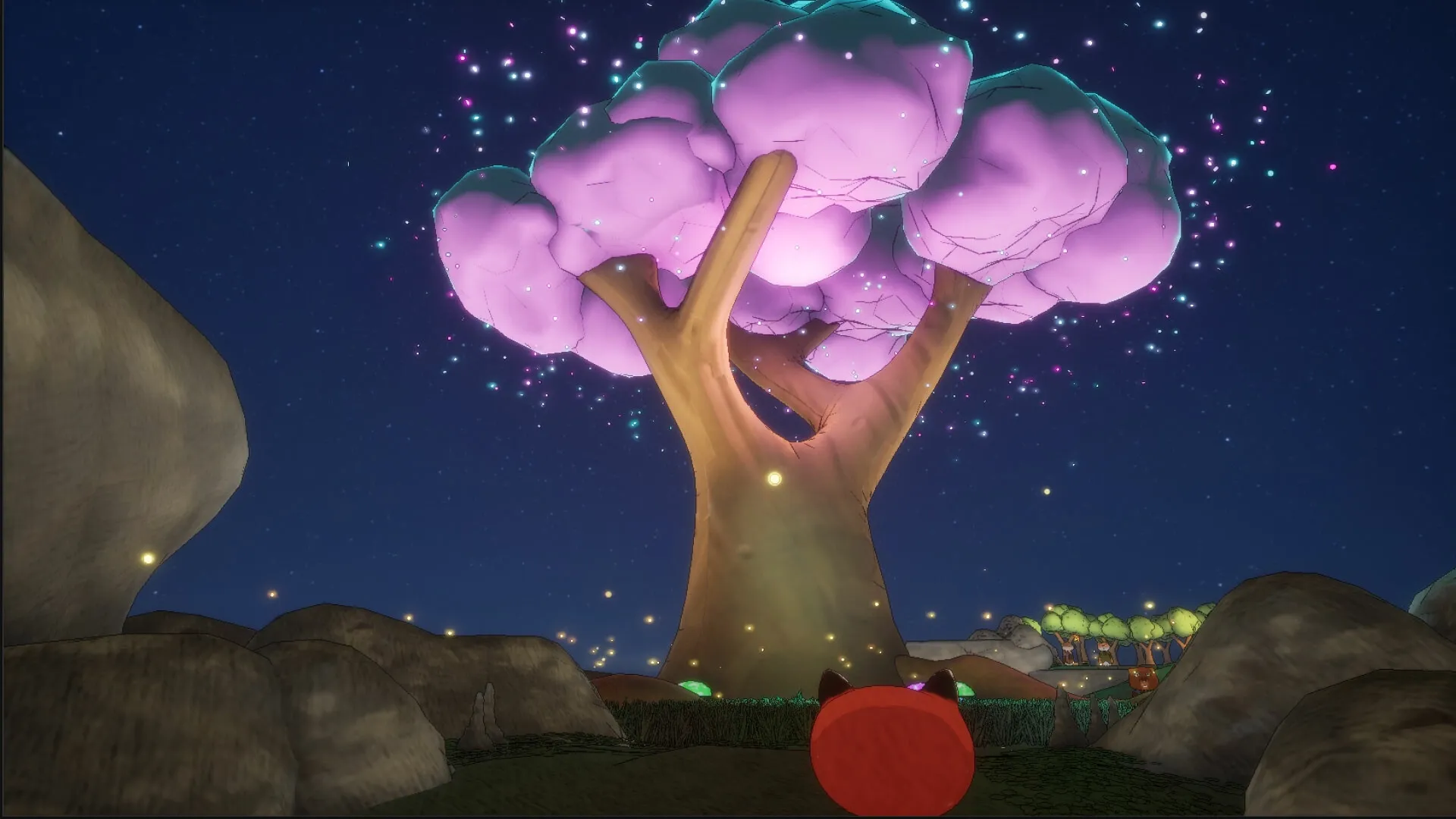 Luffi: Luffi gazes at a glowing pink tree under a starry night sky in a rocky landscape.