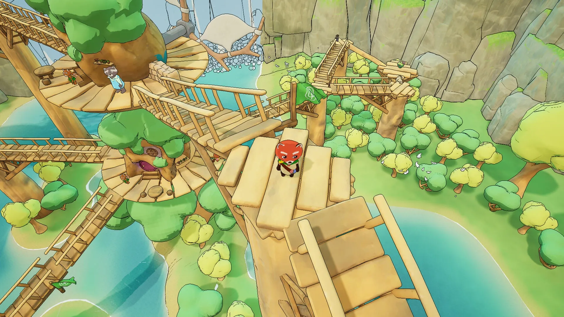 Luffi: Standing on wooden platform in treetop village surrounded by lush trees and winding bridges.