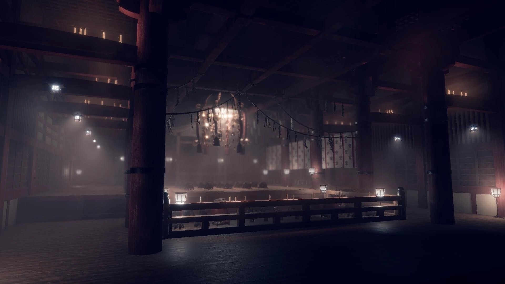 Lull: Empty shrine hall with hanging lanterns and candles, foggy wooden interior and pillars.