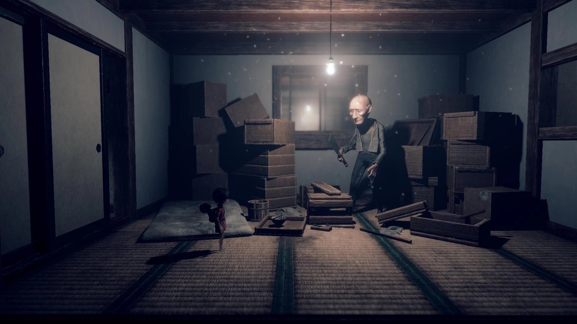 Lull: Girl with baby on her back faces knife-wielding man in cluttered tatami room under bulb.