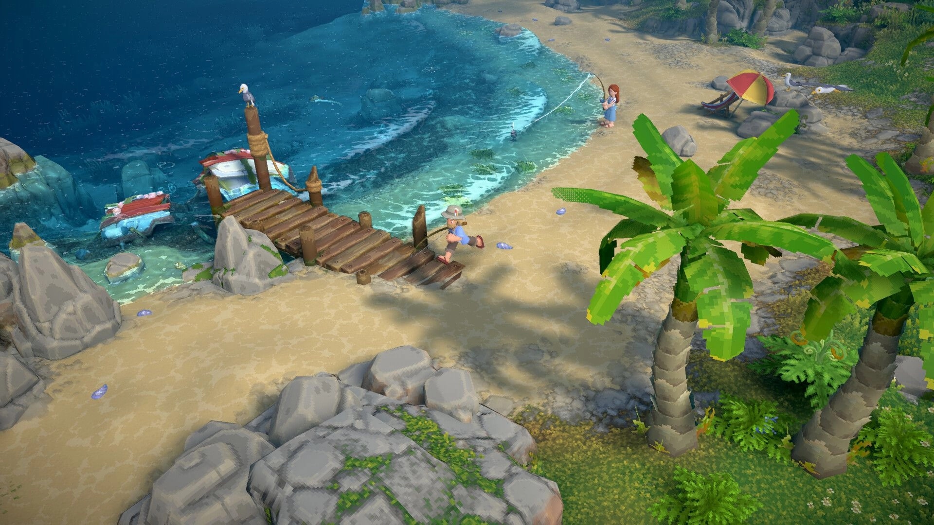 Luma Island: Characters fishing by a wooden dock on a sandy beach with palm trees and a sun umbrella