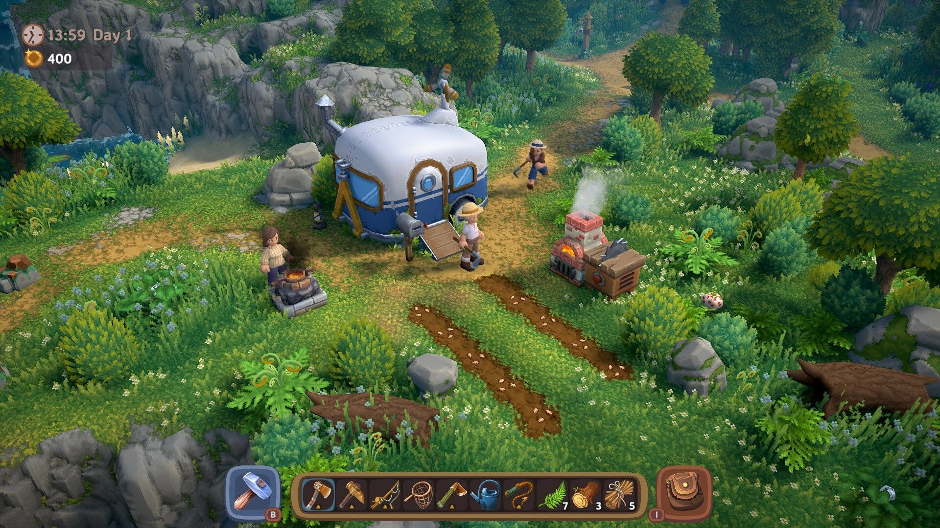 Luma Island: Character farming near a small house with crafting stations in a lush, green forest setting