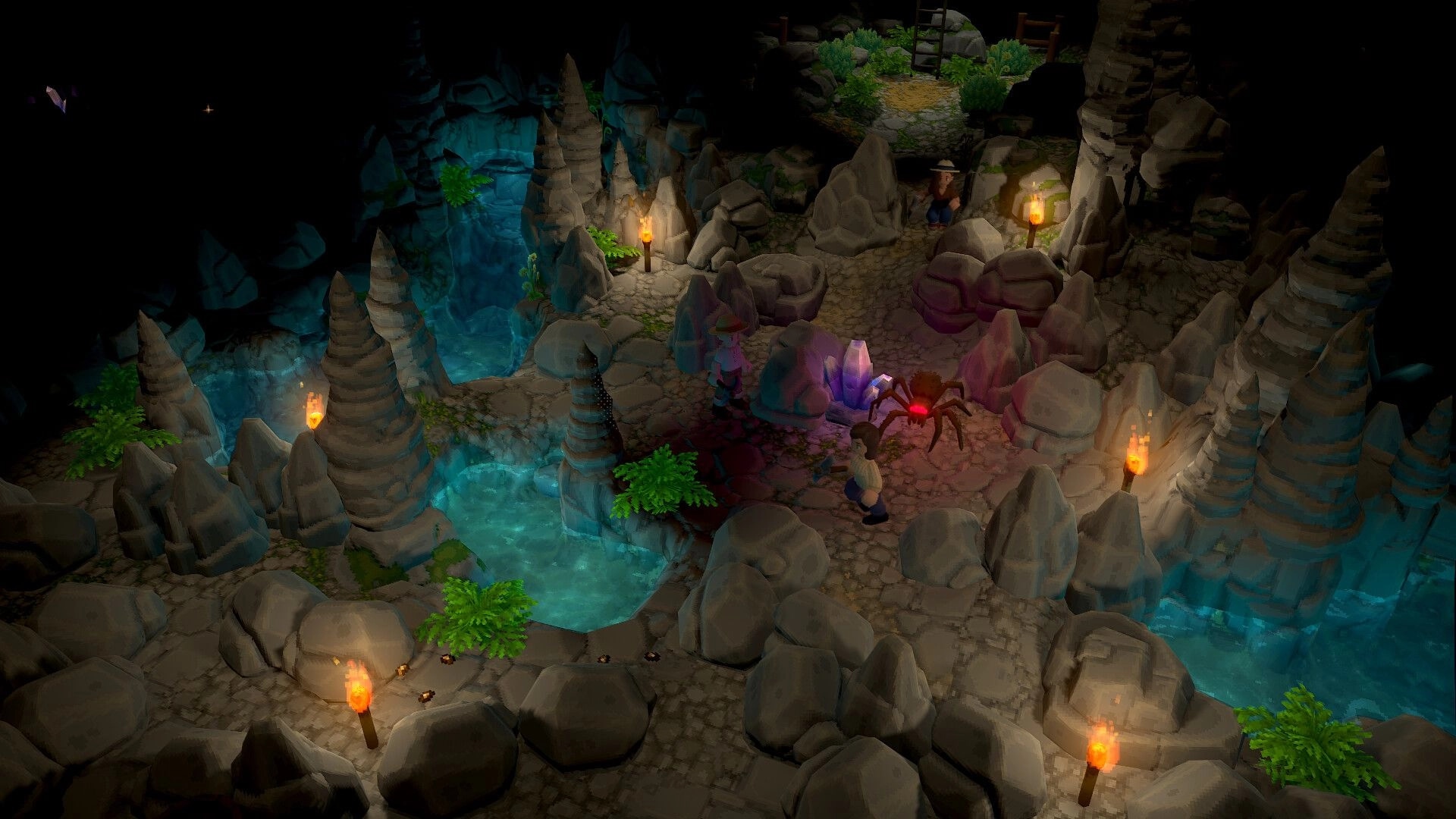 Luma Island: Two characters face a giant spider in a torch-lit cave with stalagmites and glowing pools.