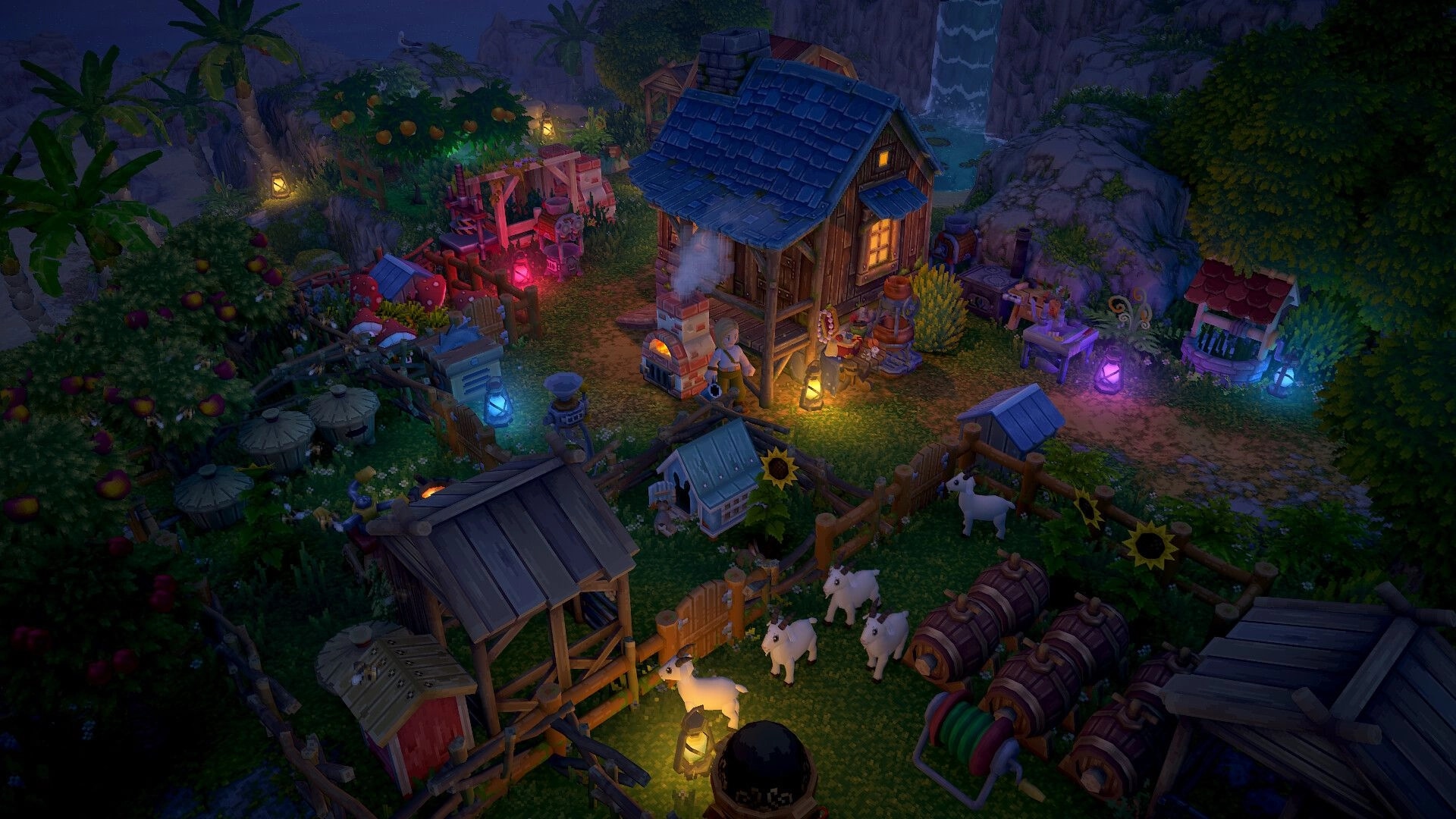 Luma Island: Nighttime farm setting with animals, glowing lanterns, and a cozy cabin by a waterfall.
