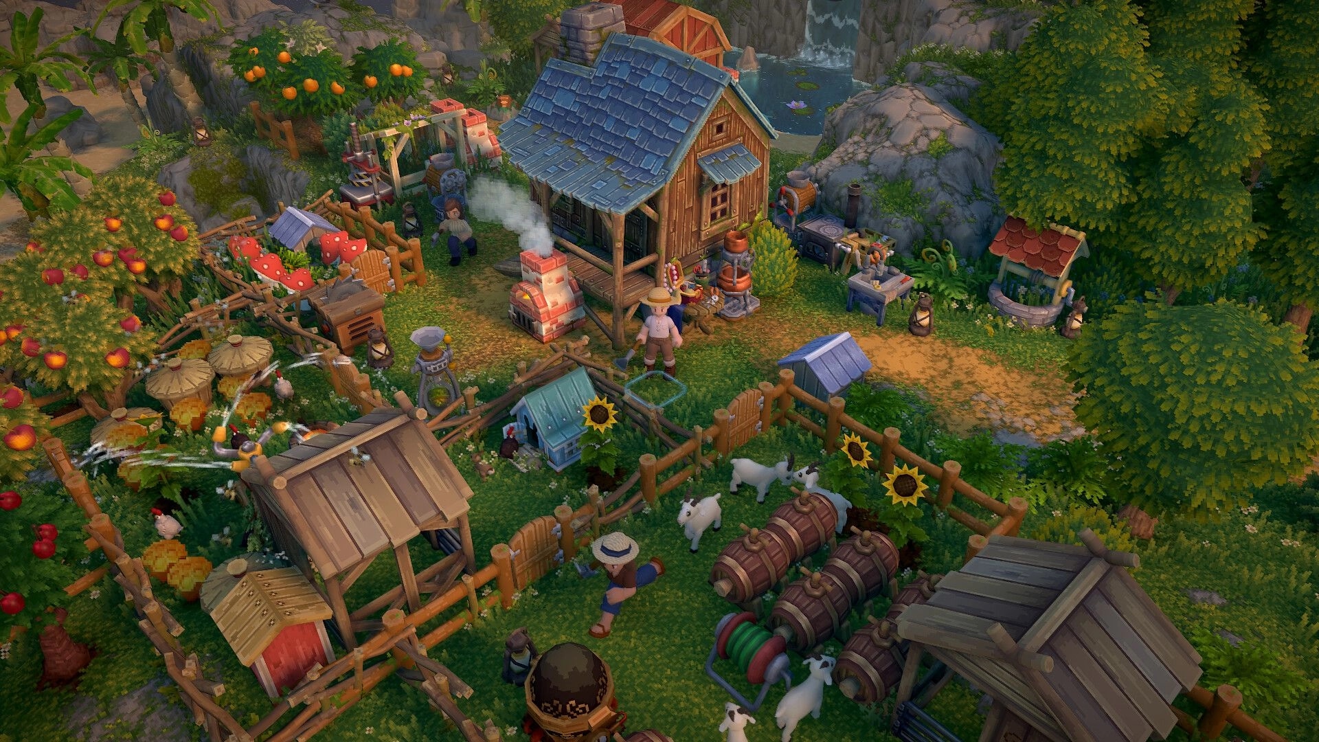 Luma Island: Two characters tending a vibrant farm with goats, chickens, and lush fruit trees near a cabin.