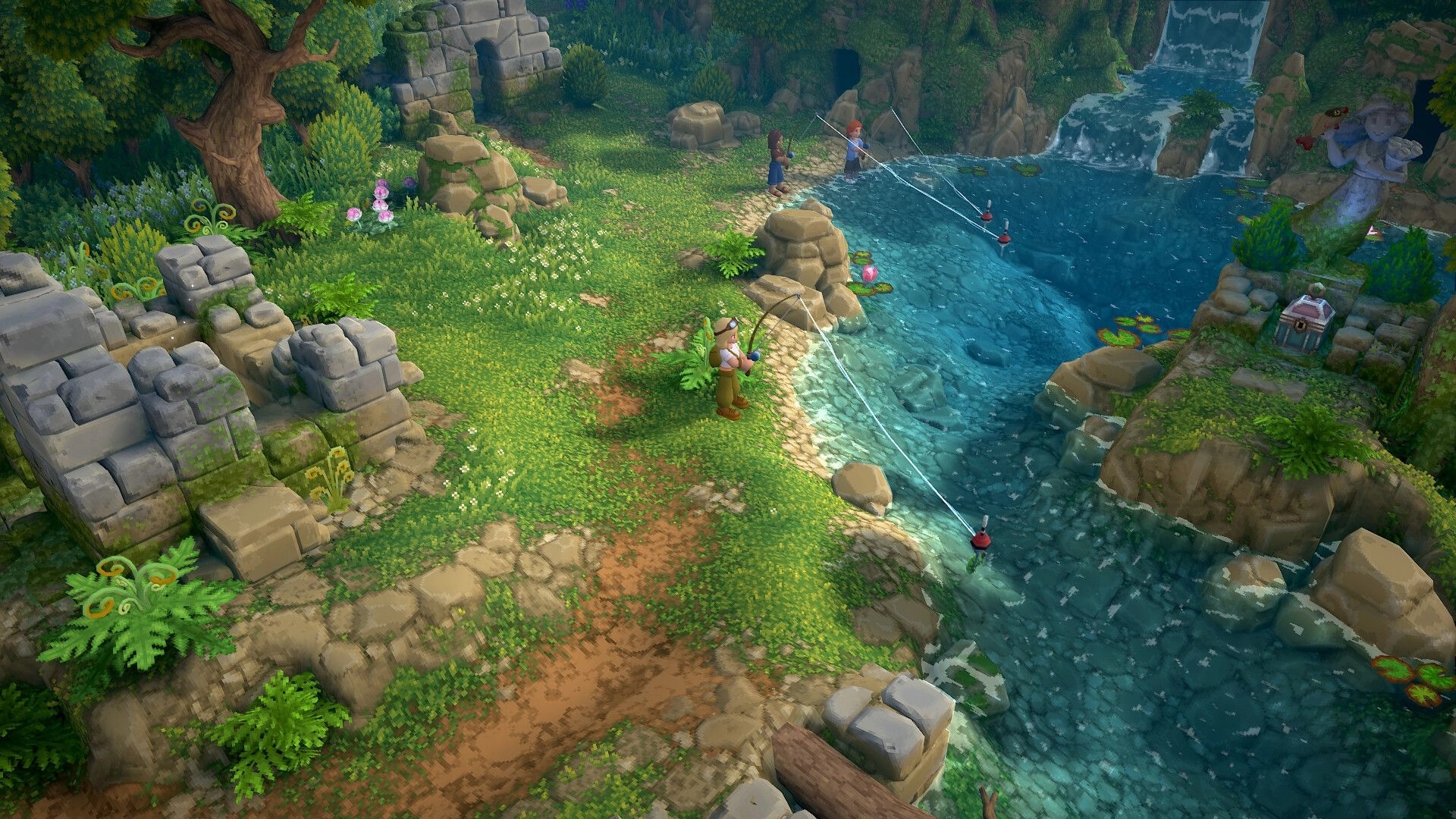 Luma Island: Three characters fishing by a serene river with ancient ruins and a waterfall nearby