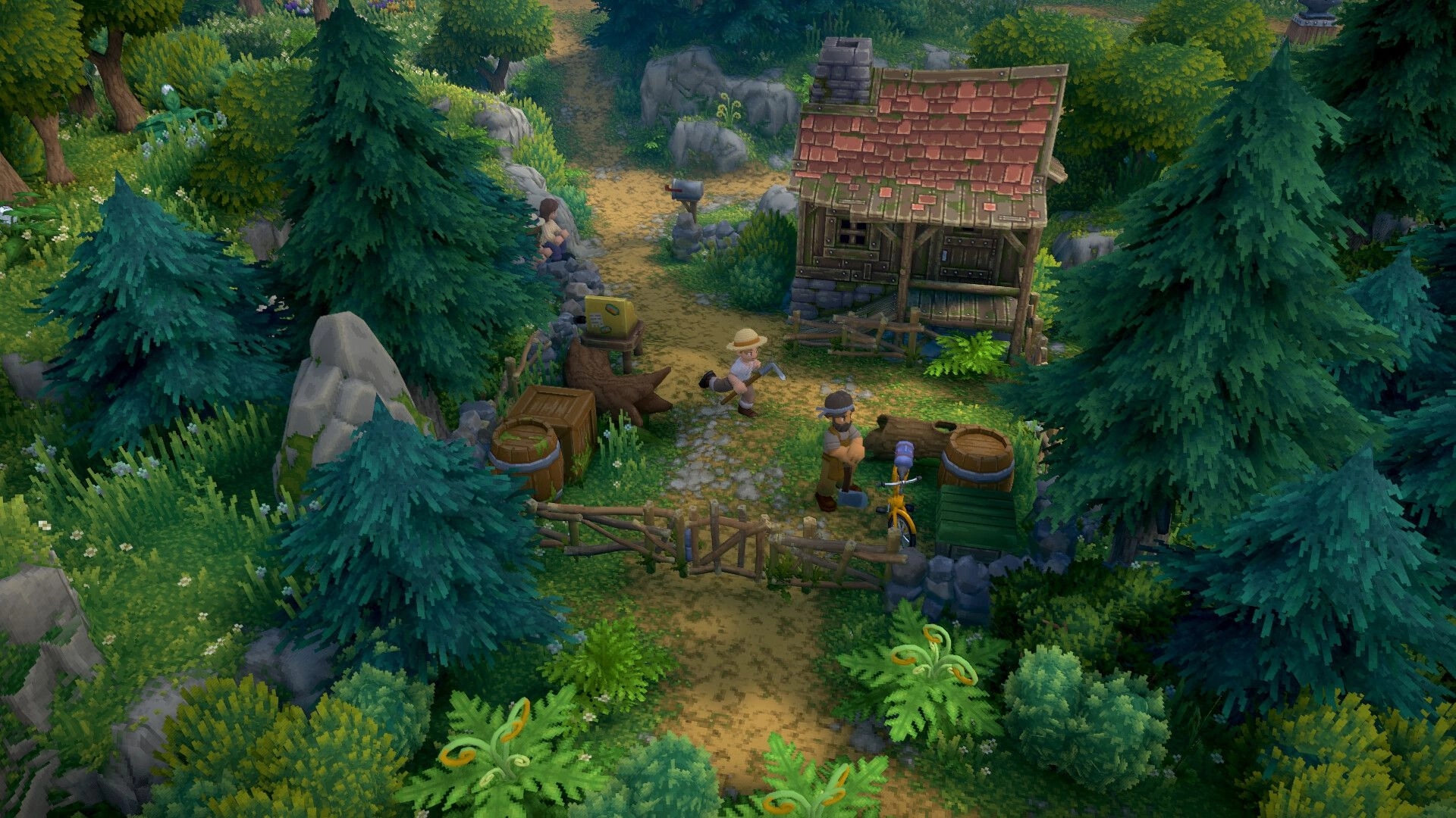 Luma Island: Characters farming near a rustic cabin surrounded by lush greenery and towering pine trees.