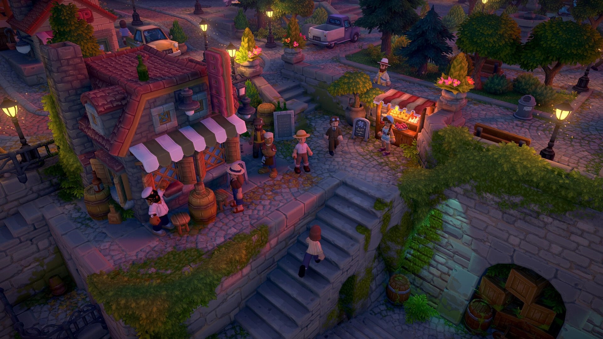 Luma Island: Characters gather in a vibrant market square with shops and stalls, surrounded by greenery.