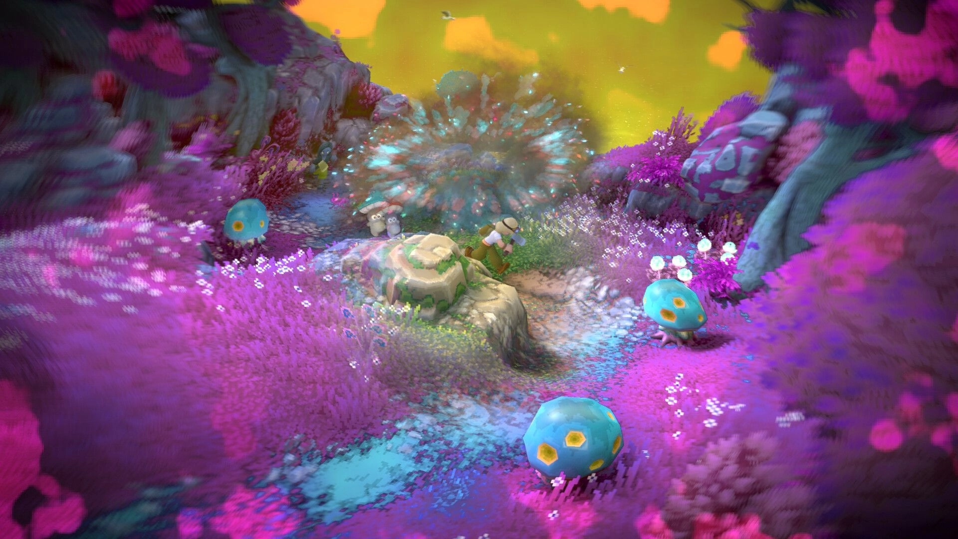 Luma Island: Adventurer exploring vibrant purple forest with glowing plants and mysterious creatures.