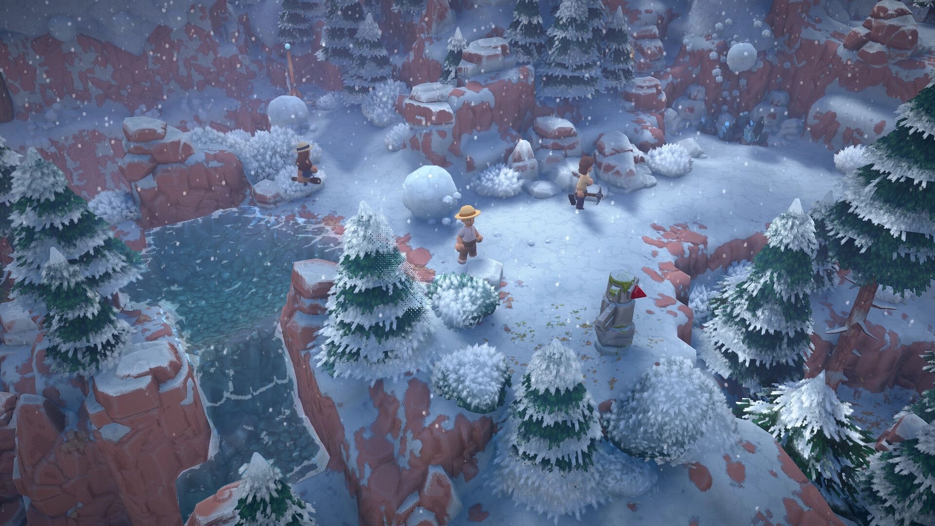 Luma Island: Characters exploring snowy landscape with pine trees and frozen pond in winter setting