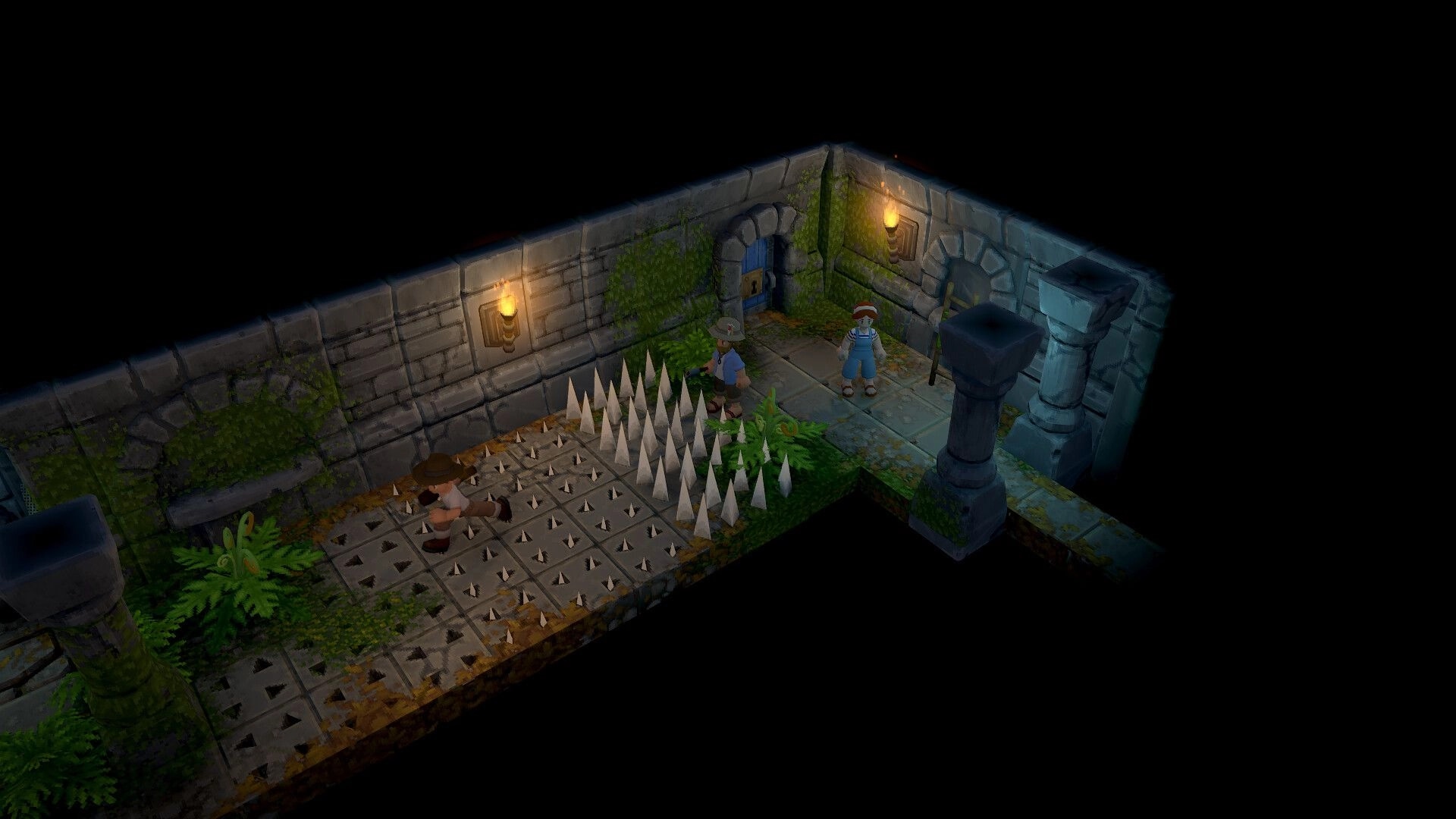 Luma Island: Characters navigate spike trap room with stone walls and torches in ancient temple.